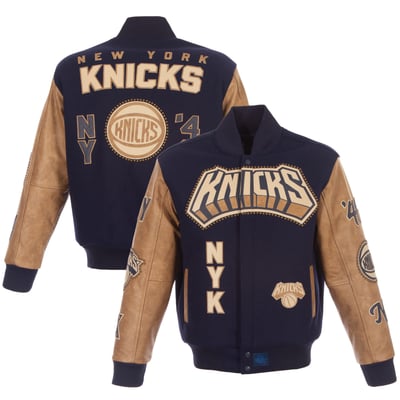New York Knicks JH Design Full-Snap Wool & Leather Jacket - Navy/Tan