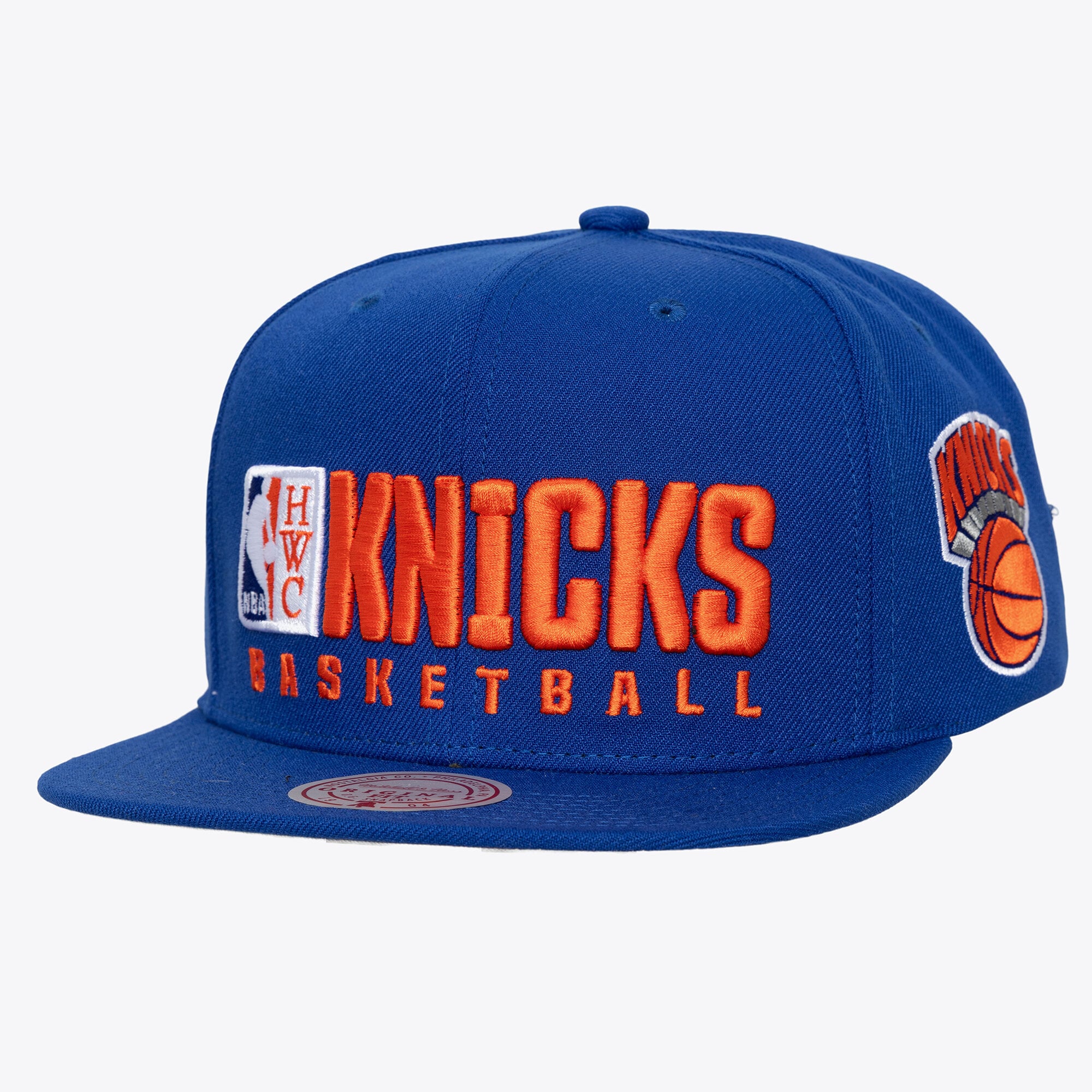 Men's New York Knicks Mitchell & Ness Blue Hardwood Classics Old School Stacked Text Snapback Hat