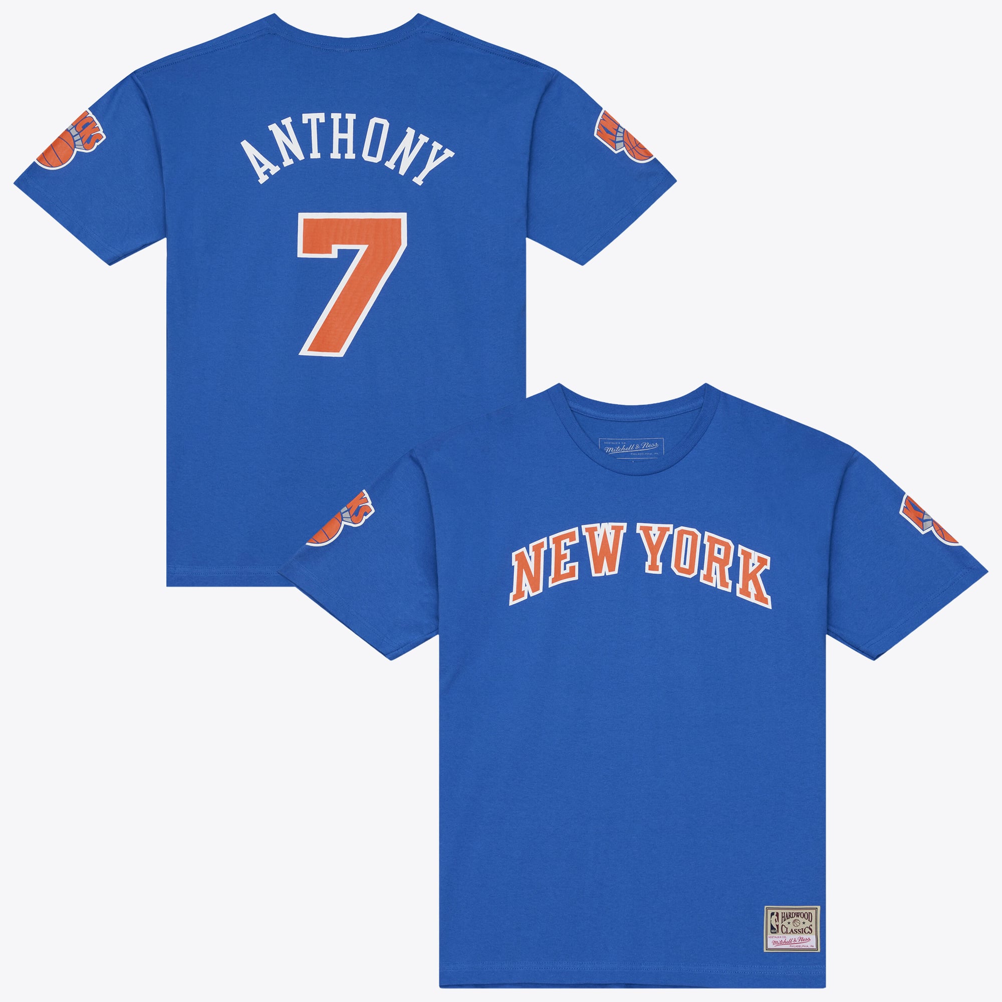 Men's Mitchell & Ness Carmelo Anthony Blue New York Knicks Hardwood Classics Name Number Classic T-Shirt