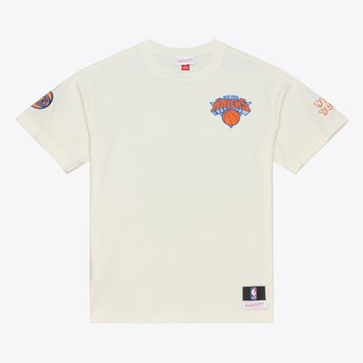 New York Knicks Mitchell & Ness Hardwood Classics Chainstitch Premium T-Shirt - Cream