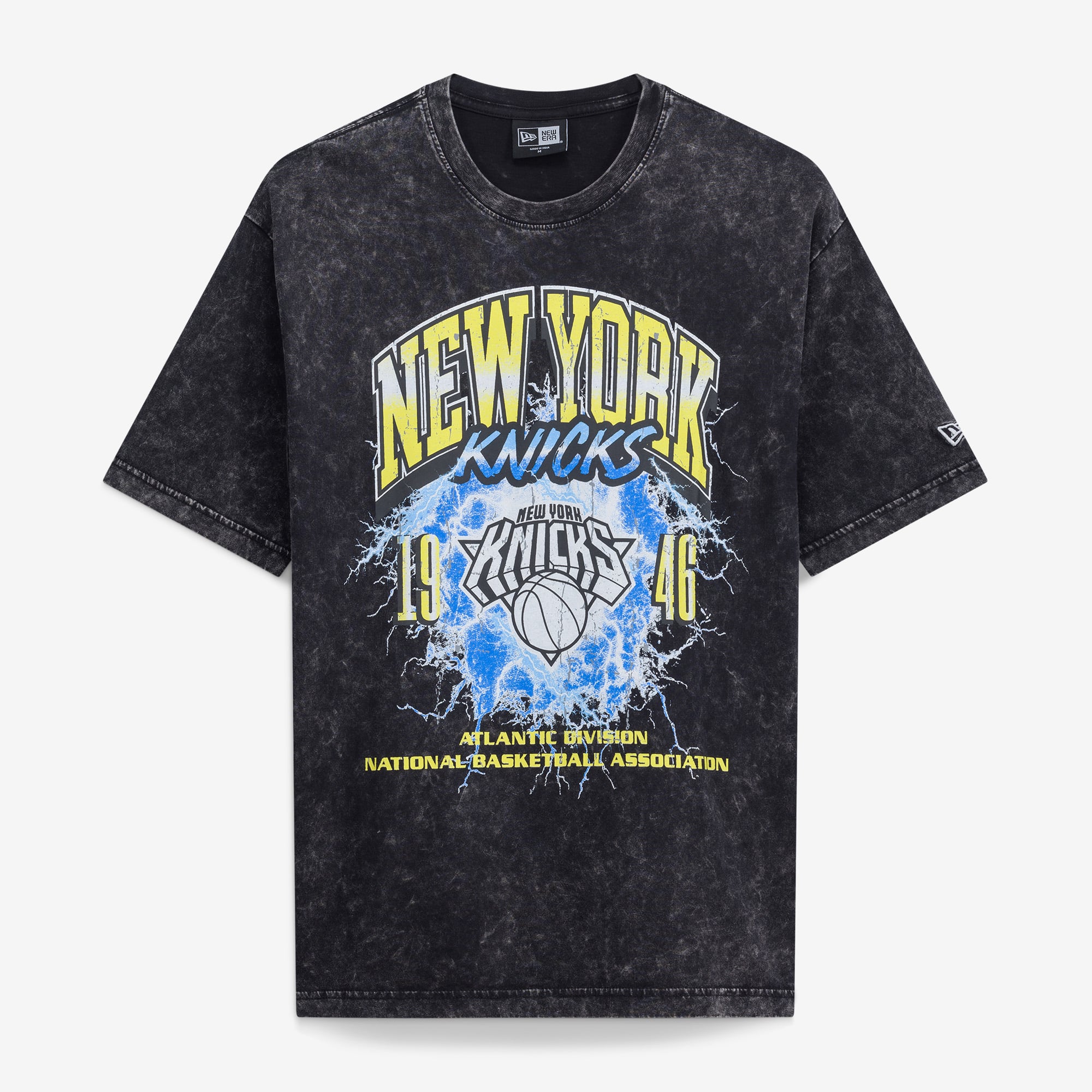T-shirt New Era noir pour homme, collection York Knicks Lifestyle Capsule Lightning Round, délavage minéral