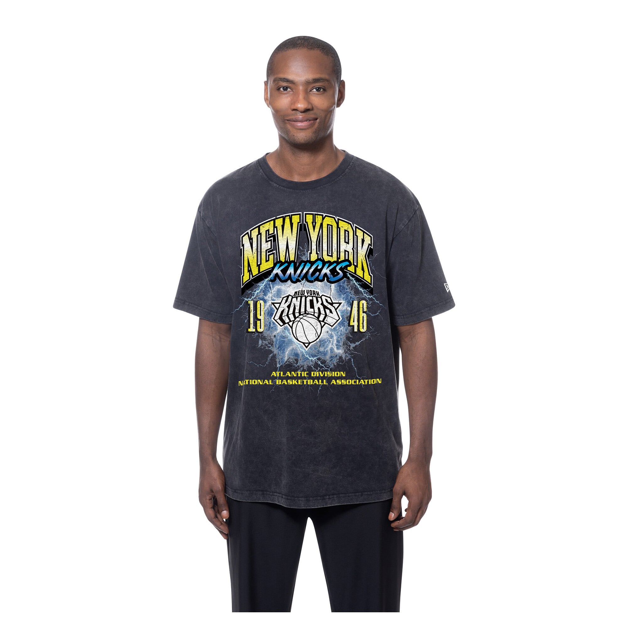 T-shirt New Era noir pour homme, collection York Knicks Lifestyle Capsule Lightning Round, délavage minéral