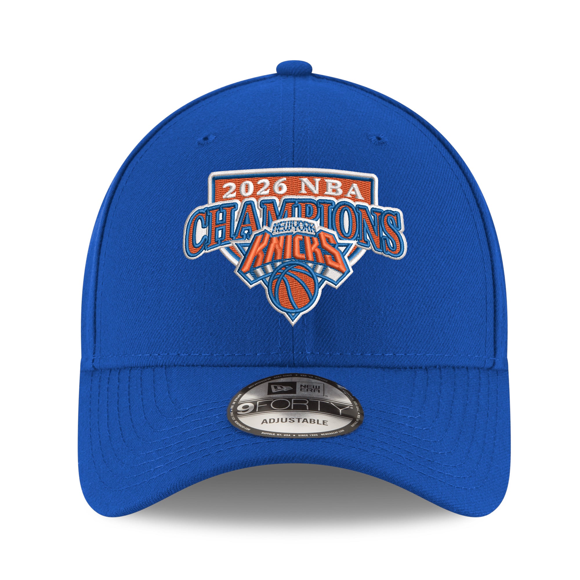 Casquette ajustable New Era bleue pour homme New York Knicks, champions des finales NBA 2026 (9FORTY)