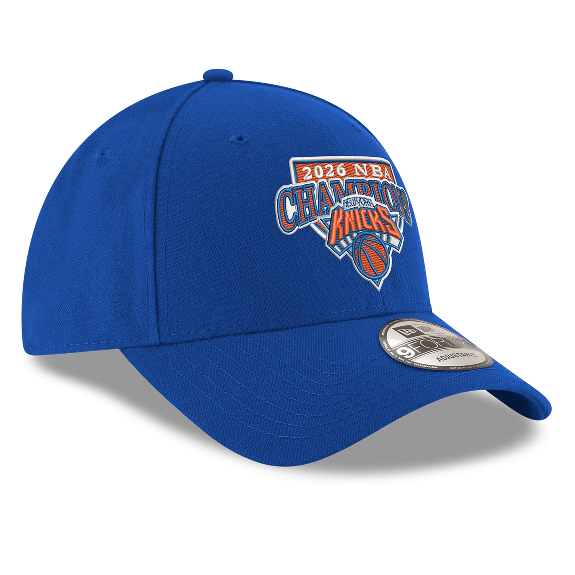 Casquette ajustable New Era bleue pour homme New York Knicks, champions des finales NBA 2026 (9FORTY)