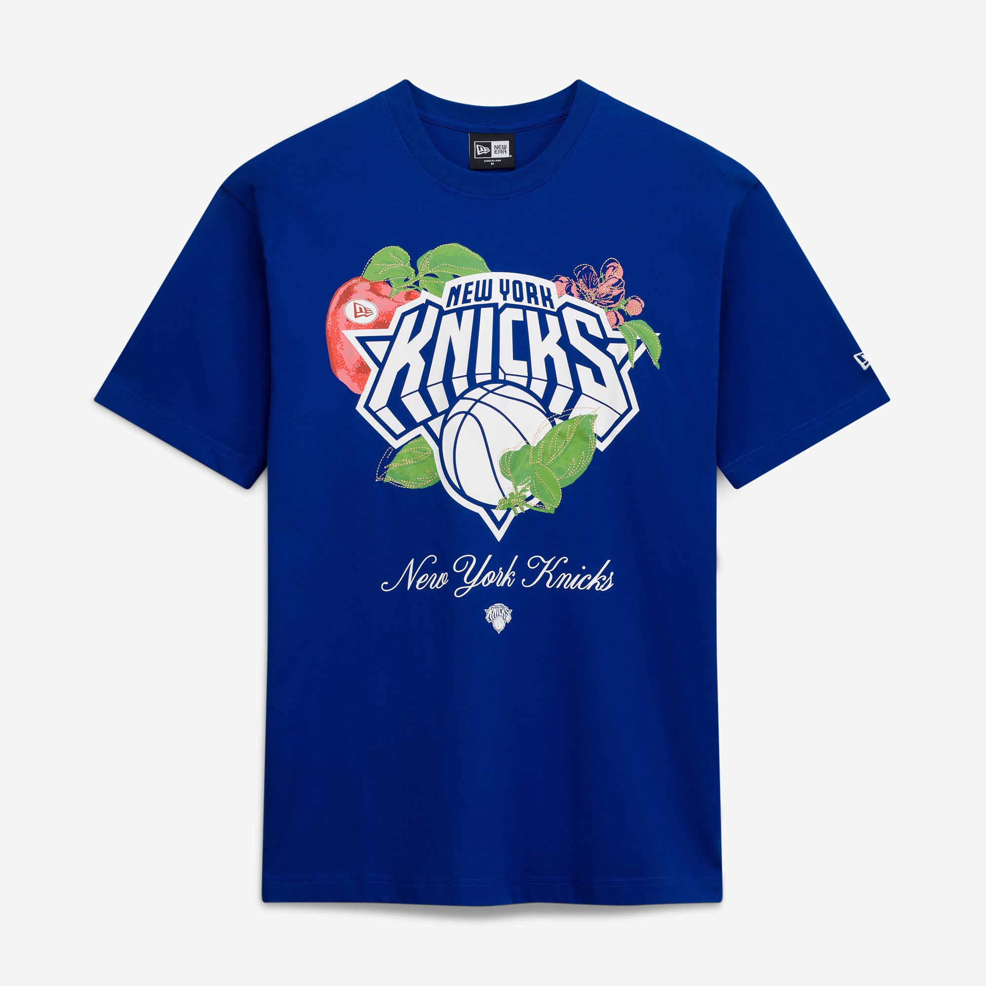 T-shirt New Era bleu pour homme, collection capsule York Knicks Lifestyle, motif floral et fruits