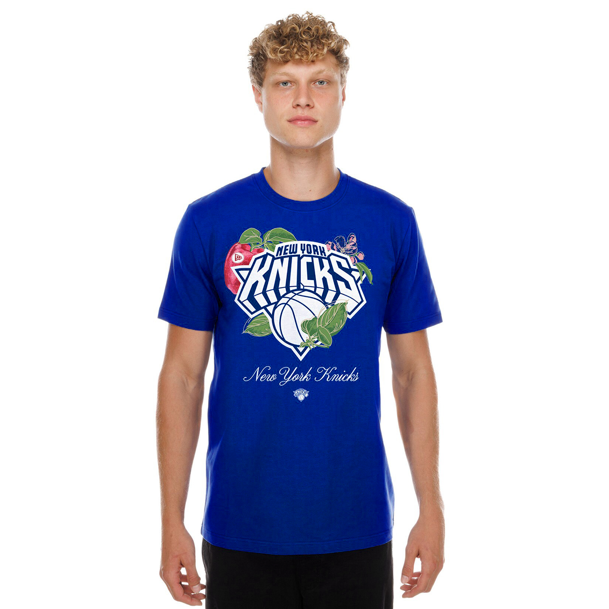 T-shirt New Era bleu pour homme, collection capsule York Knicks Lifestyle, motif floral et fruits