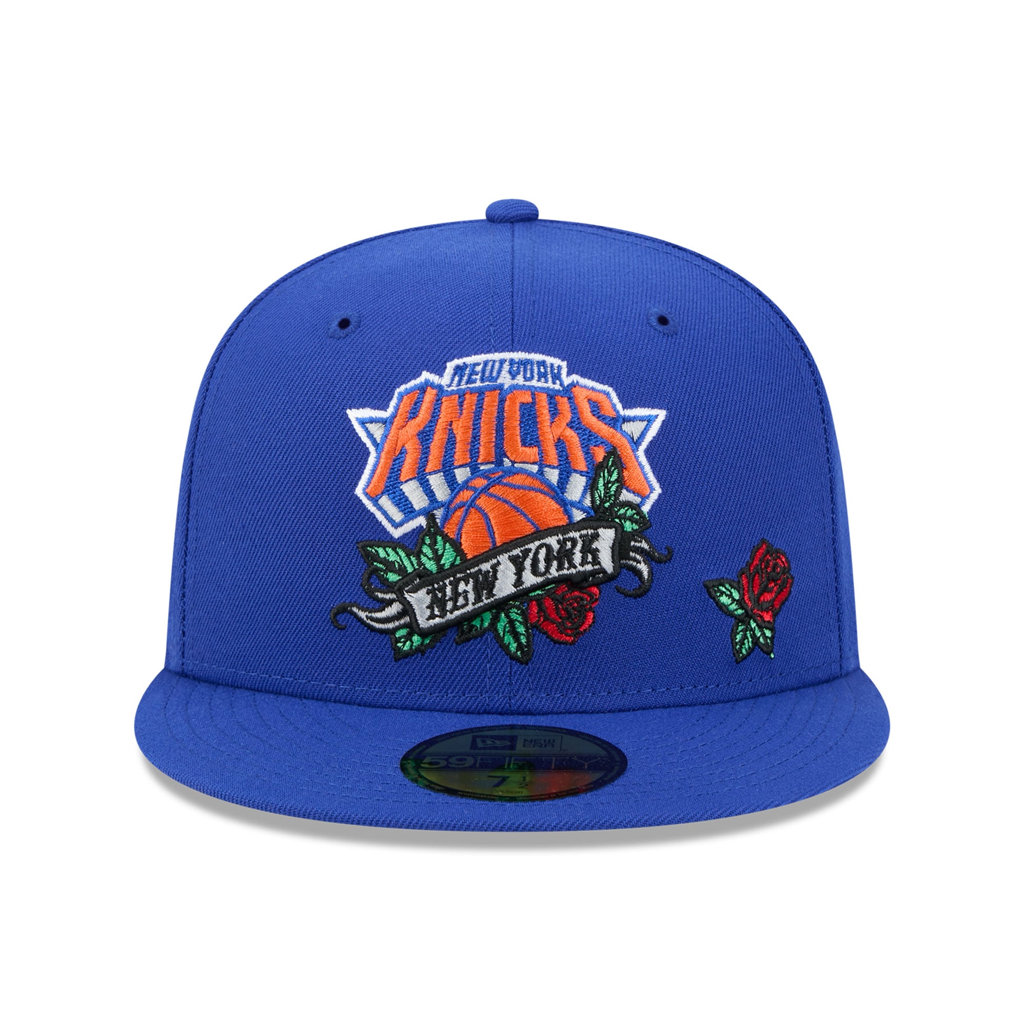 Casquette ajustée New Era 59FIFTY bleue pour homme, motif bannière rose des York Knicks