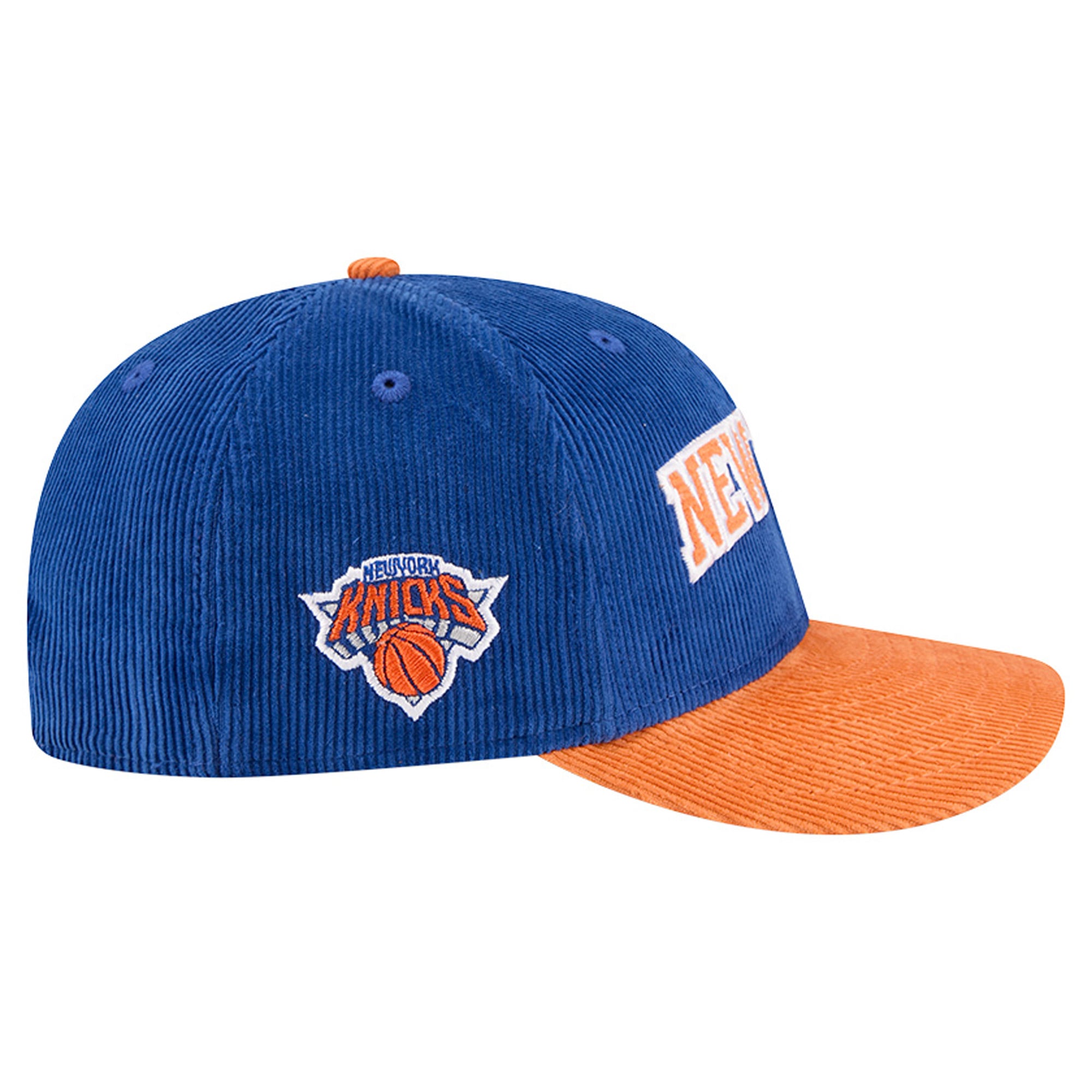 Casquette snapback New Era 9FIFTY en velours côtelé bleu/orange New York Knicks pour homme