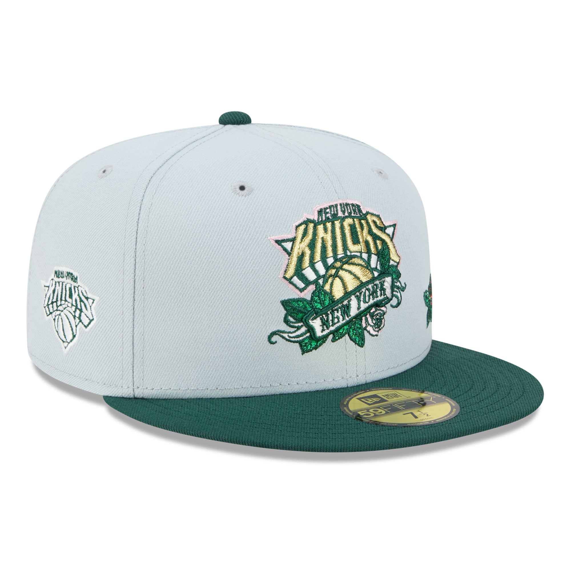 Casquette ajustée New Era 59FIFTY pour homme, grise et verte, York Knicks, motif rose.