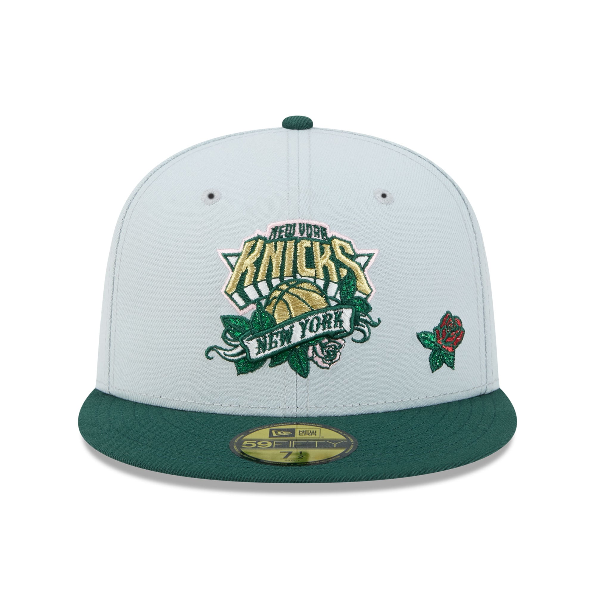 Casquette ajustée New Era 59FIFTY pour homme, grise et verte, York Knicks, motif rose.
