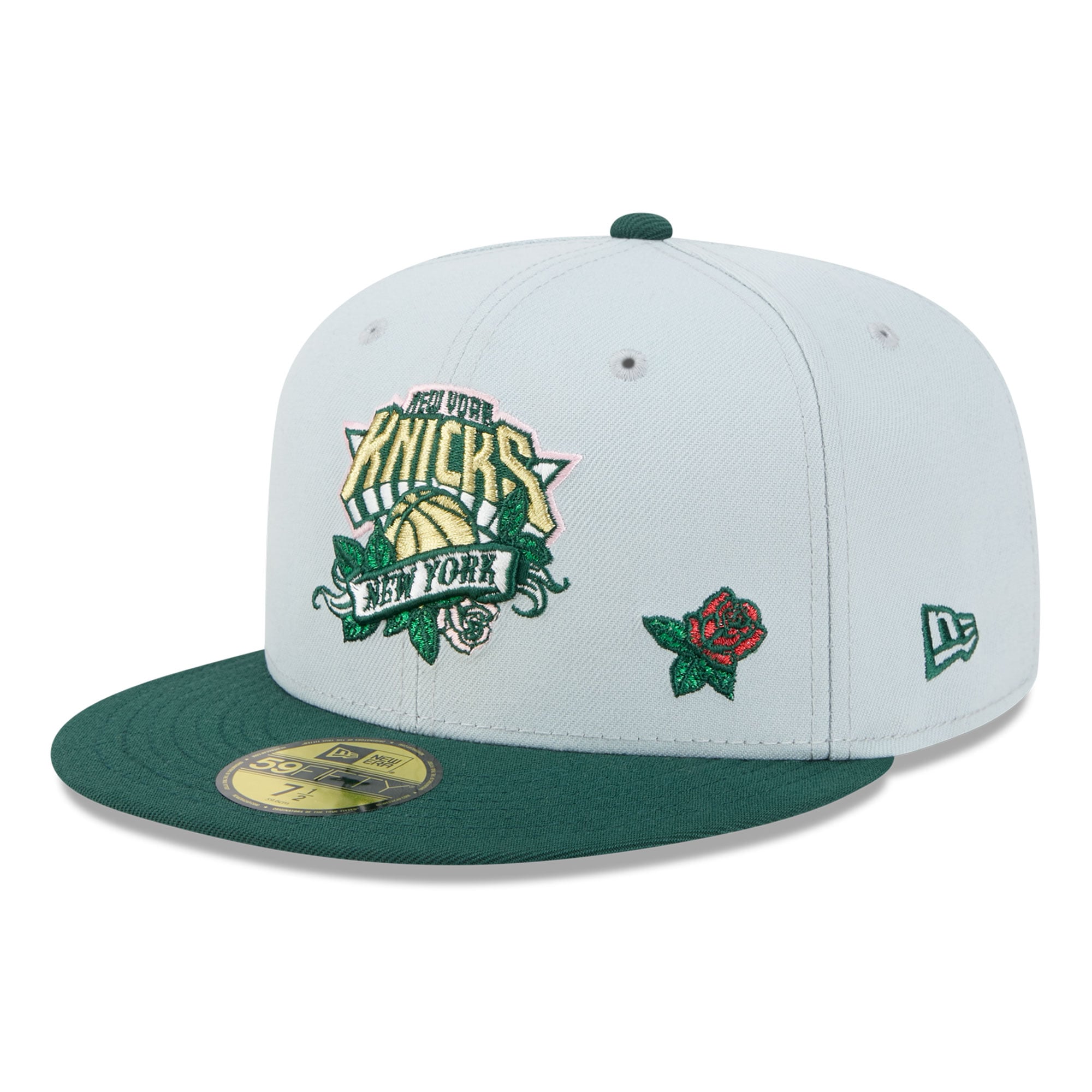 Casquette ajustée New Era 59FIFTY pour homme, grise et verte, York Knicks, motif rose.
