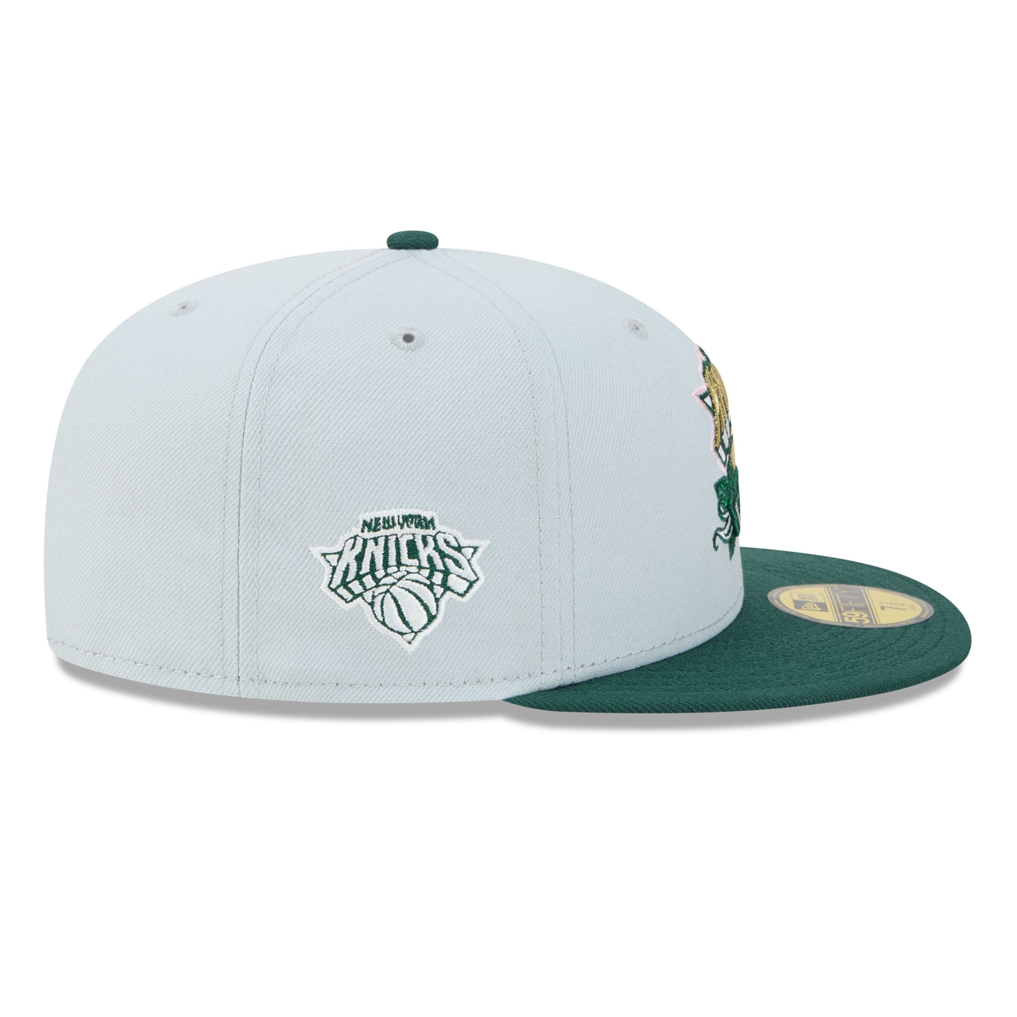 Casquette ajustée New Era 59FIFTY pour homme, grise et verte, York Knicks, motif rose.