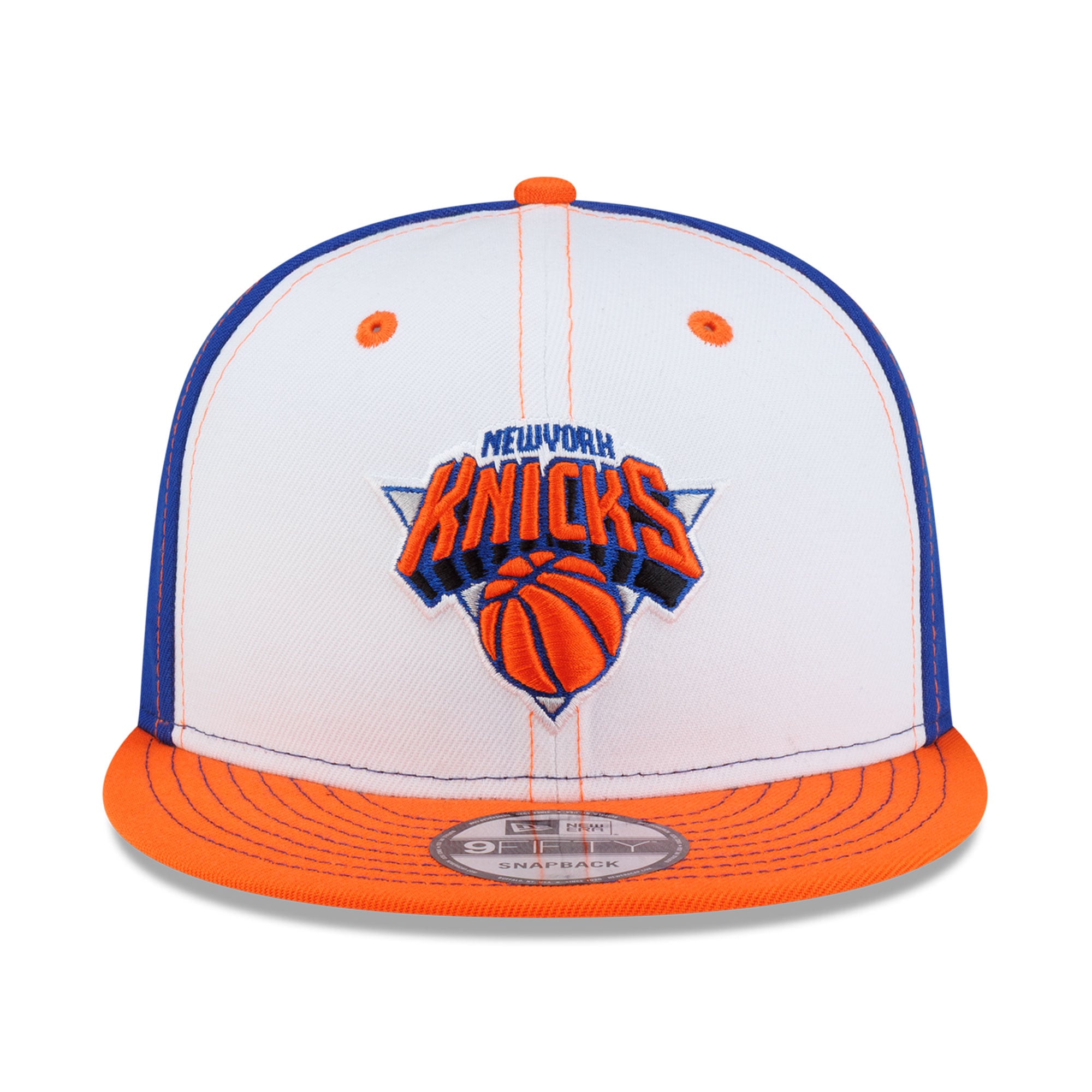 Casquette snapback New Era 9FIFTY Stitch blanche et orange pour homme, New Era New York Knicks.