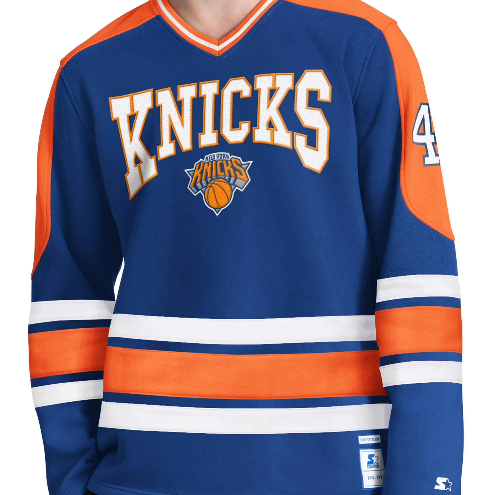 T-shirt à manches longues et col en V Starter Blue New York Knicks pour homme