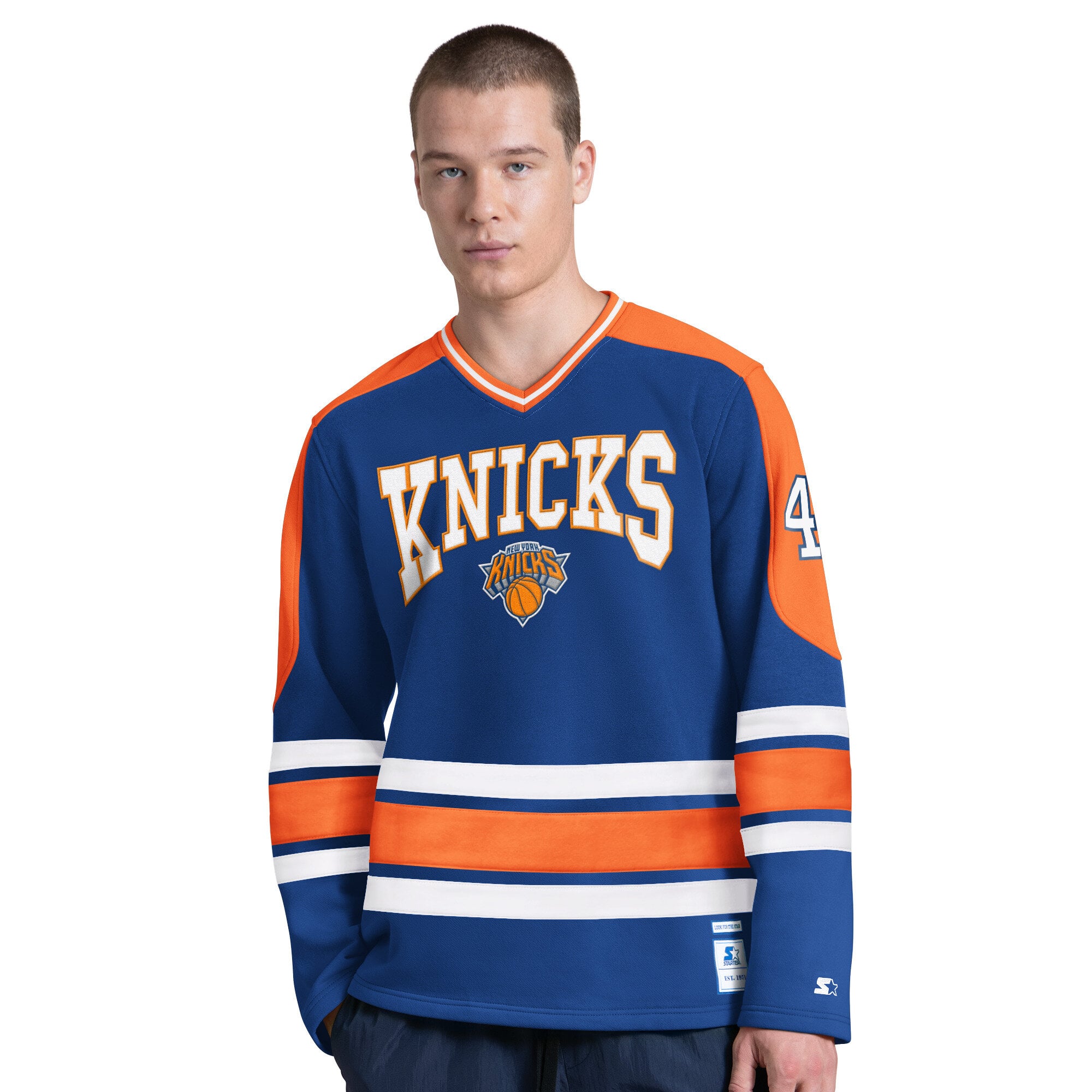 T-shirt à manches longues et col en V Starter Blue New York Knicks pour homme