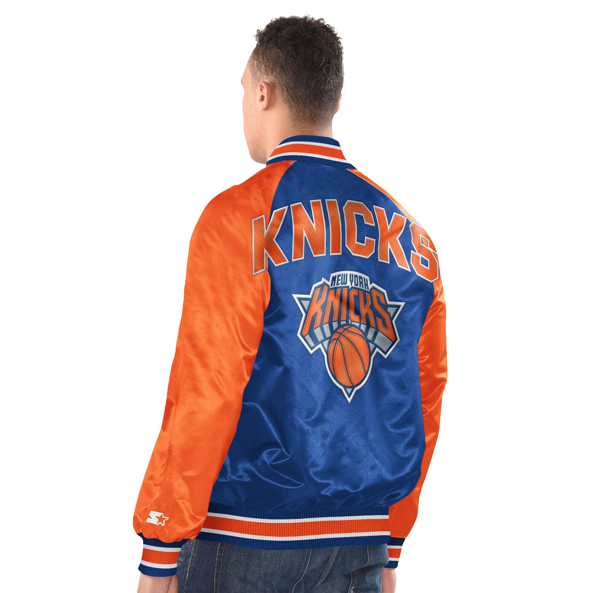 Veste universitaire Starter bleue et orange pour homme, modèle intronisé des New York Knicks, à boutons-pression raglan.