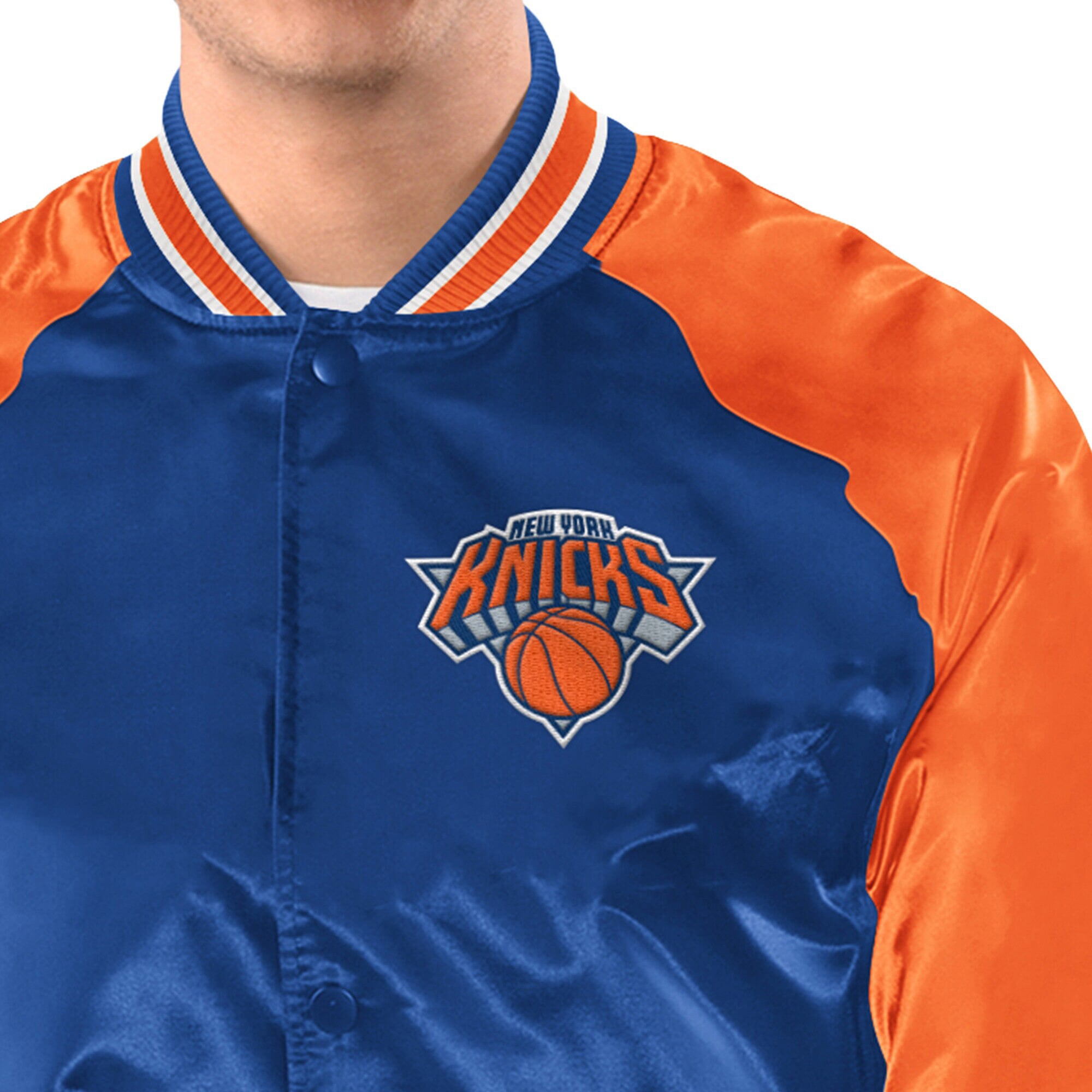 Veste universitaire Starter bleue et orange pour homme, modèle intronisé des New York Knicks, à boutons-pression raglan.