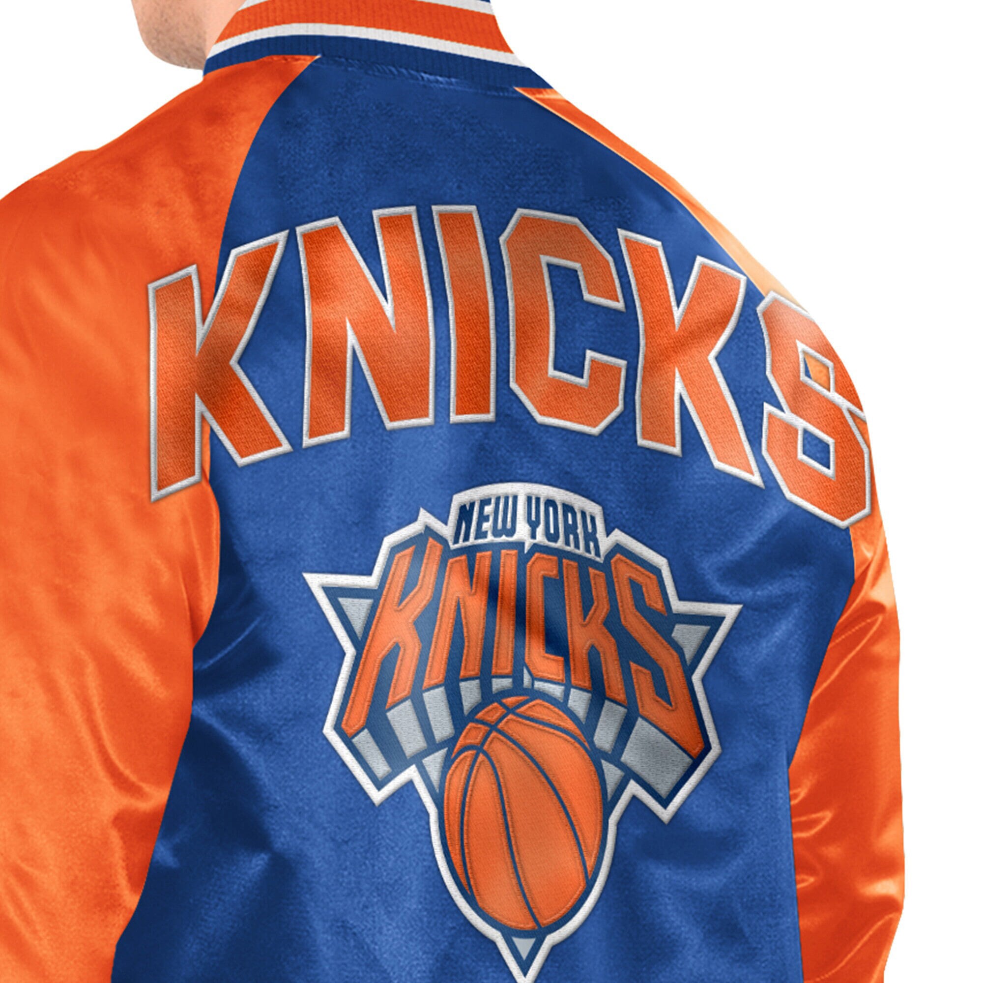 Veste universitaire Starter bleue et orange pour homme, modèle intronisé des New York Knicks, à boutons-pression raglan.