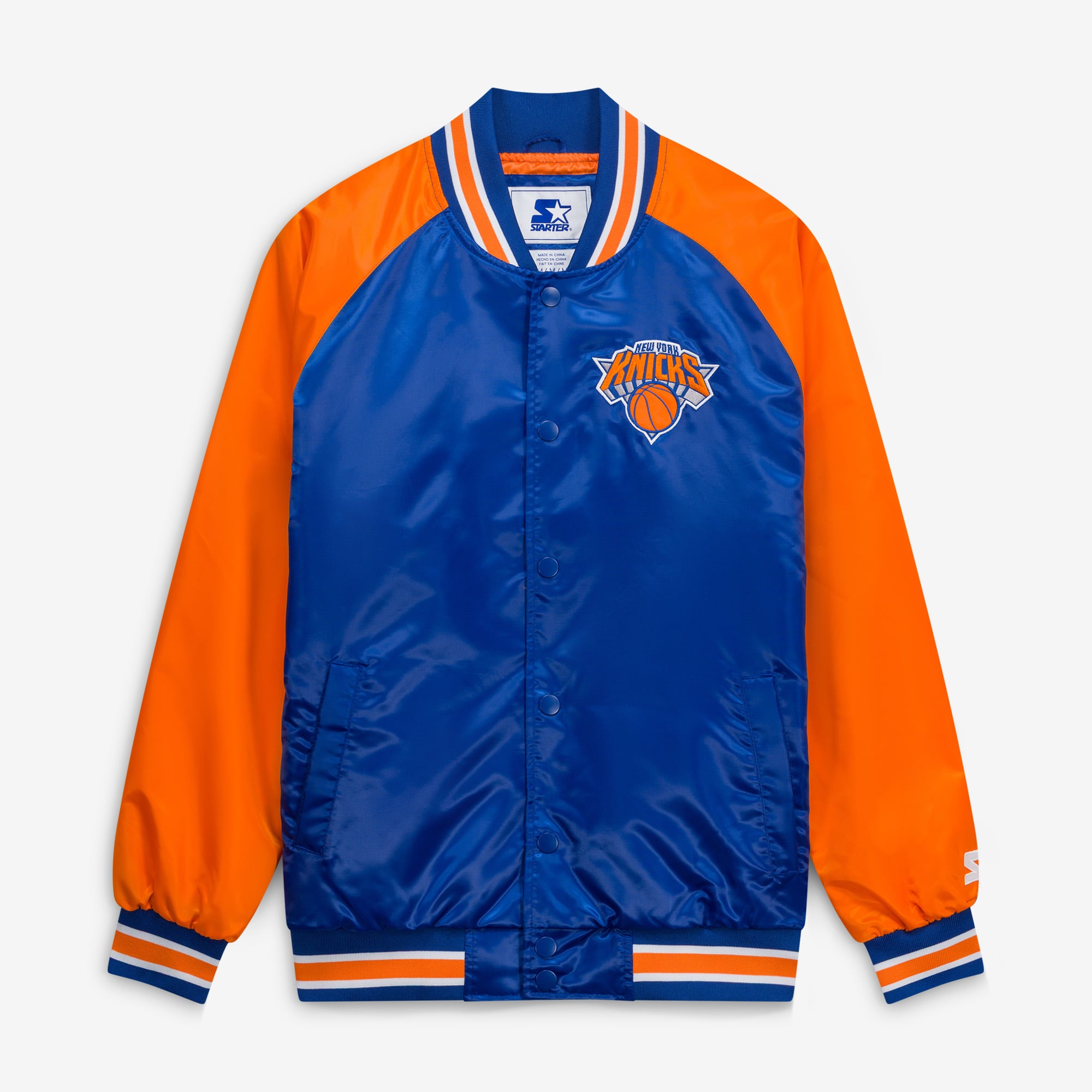 Veste universitaire Starter bleue et orange pour homme, modèle intronisé des New York Knicks, à boutons-pression raglan.