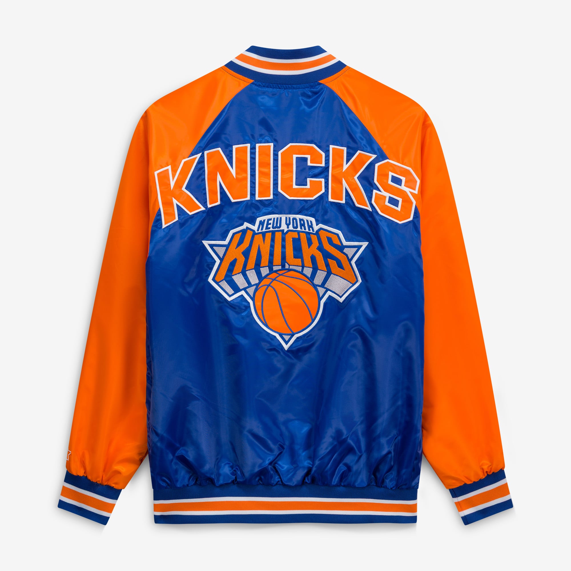 Veste universitaire Starter bleue et orange pour homme, modèle intronisé des New York Knicks, à boutons-pression raglan.