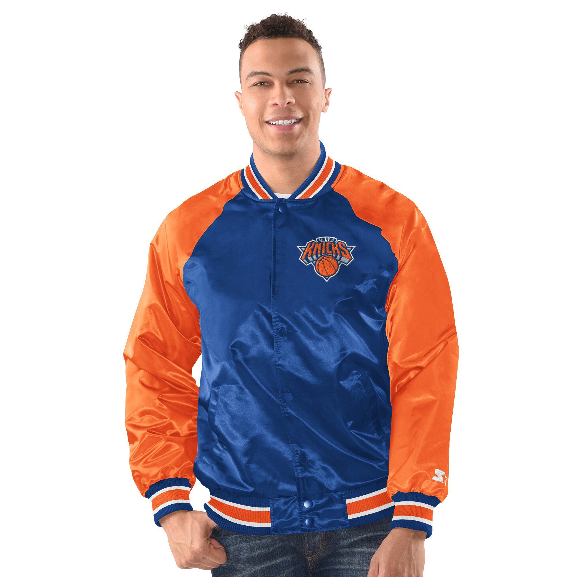Men's Starter Blue/Orange New York Knicks Inductee Raglan Full-Snap Varsity Jacket