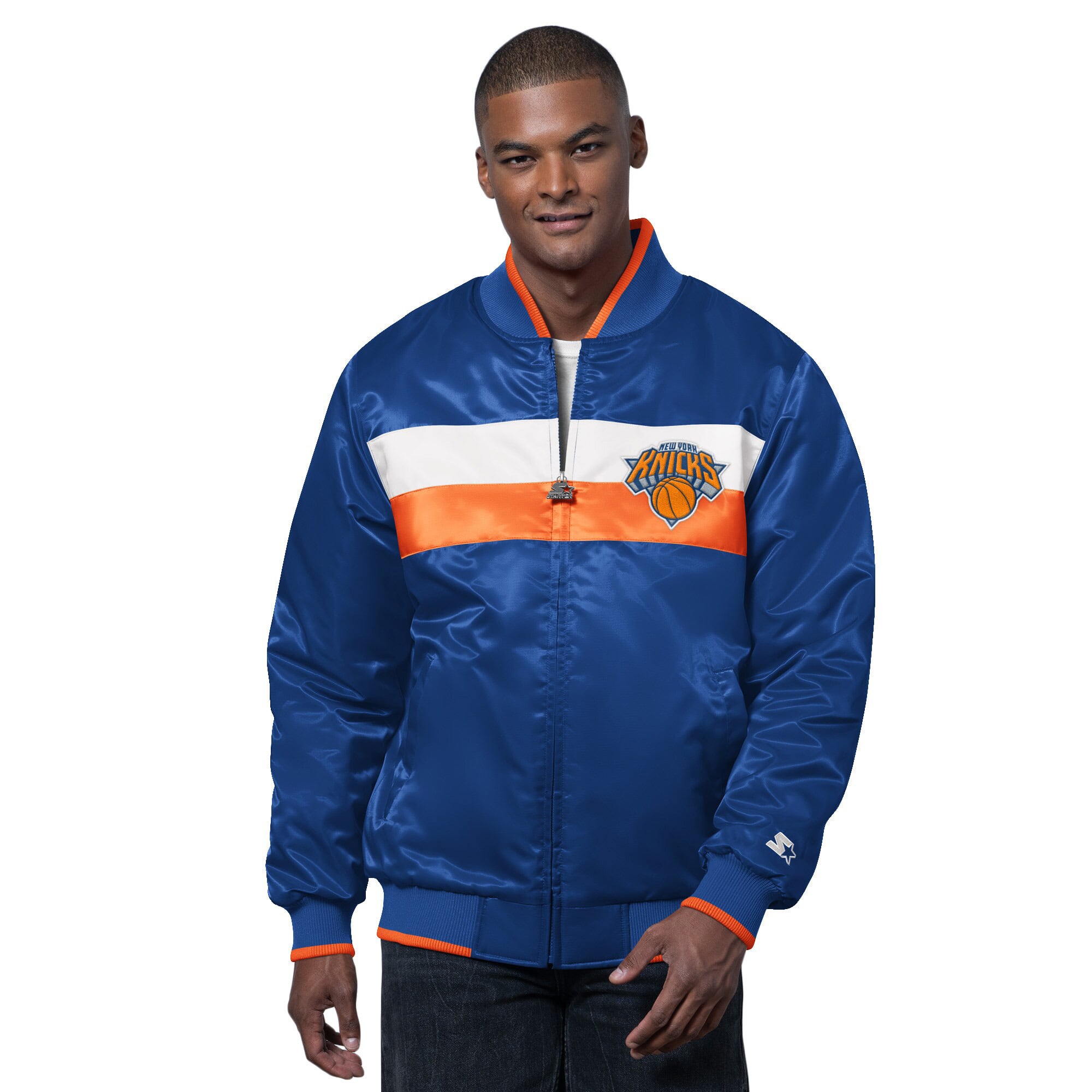 Veste universitaire en satin Ambassador pour homme, bleu/orange, des New York Knicks