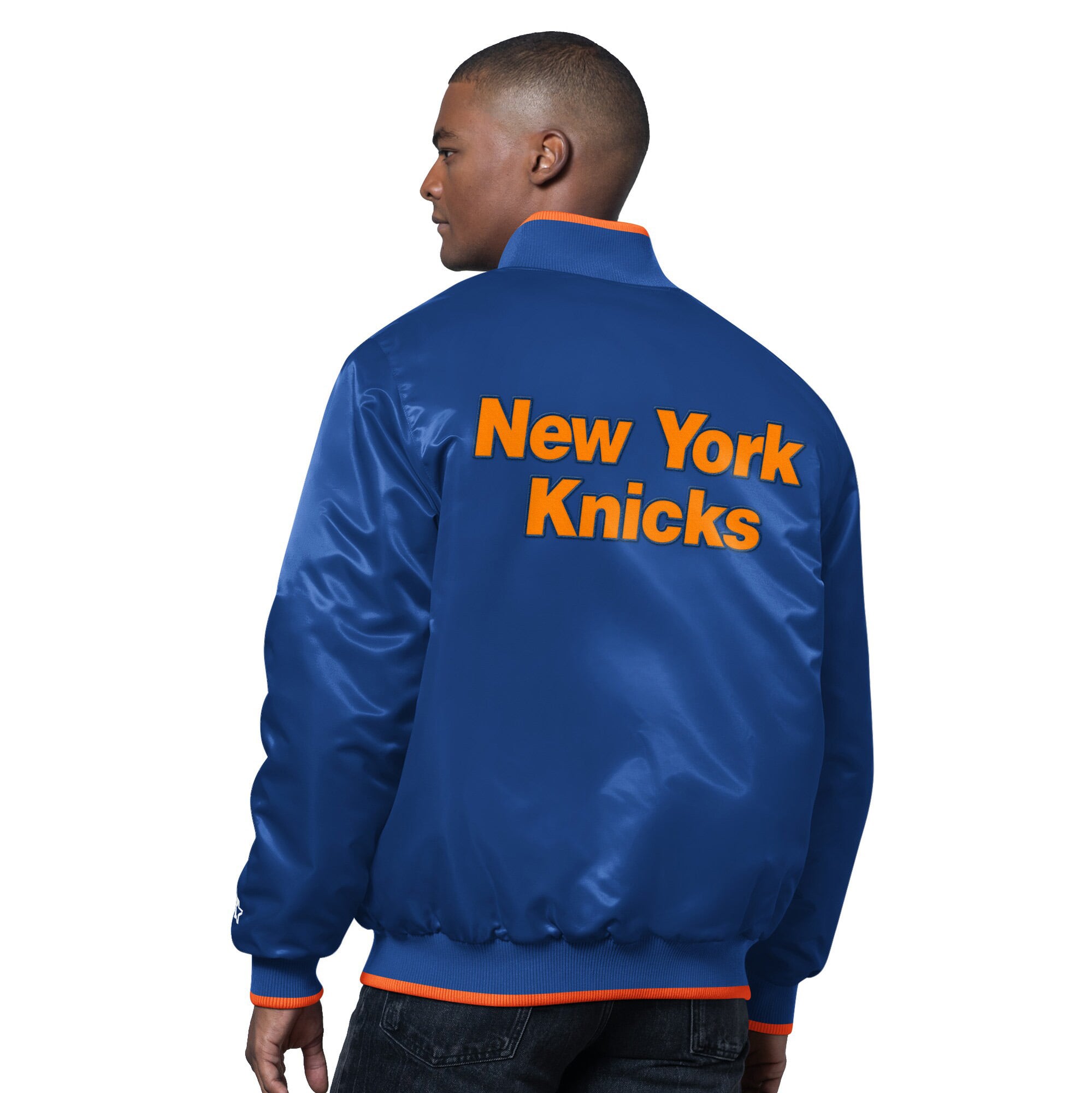Veste universitaire en satin Ambassador pour homme, bleu/orange, des New York Knicks