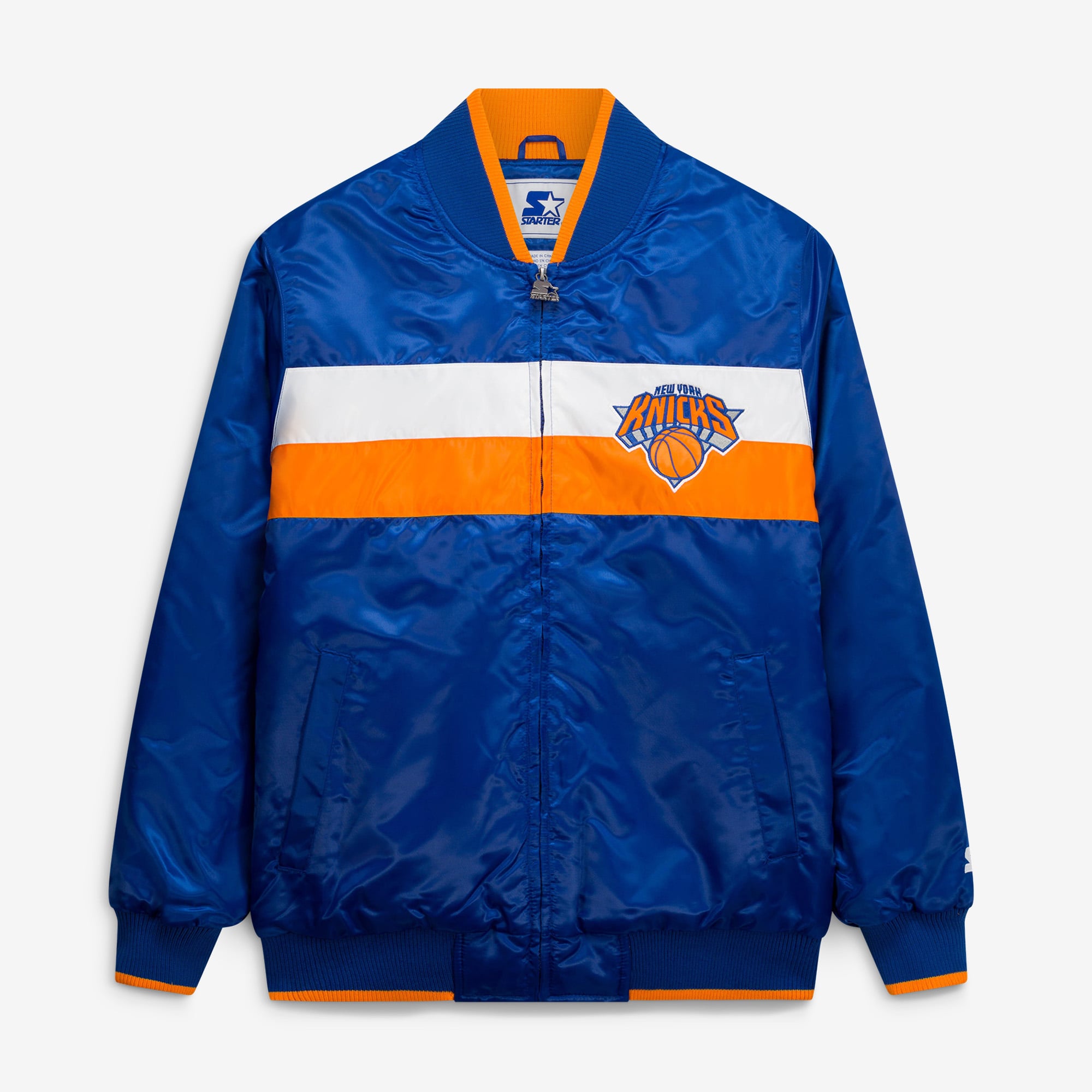 Veste universitaire en satin Ambassador pour homme, bleu/orange, des New York Knicks