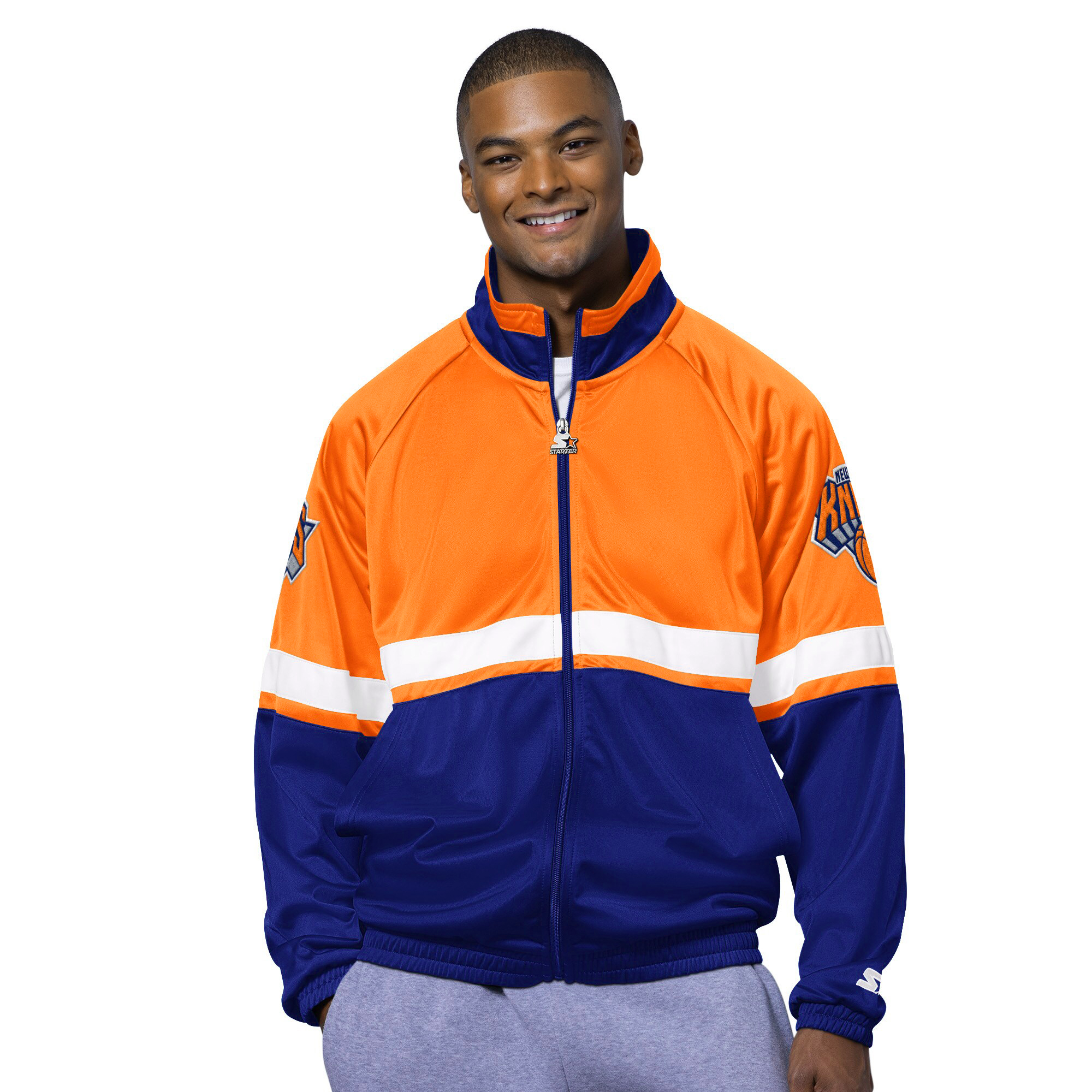 Veste de survêtement The Veteran Tricot Track entièrement zippée pour homme, bleu/blanc, des New York Knicks