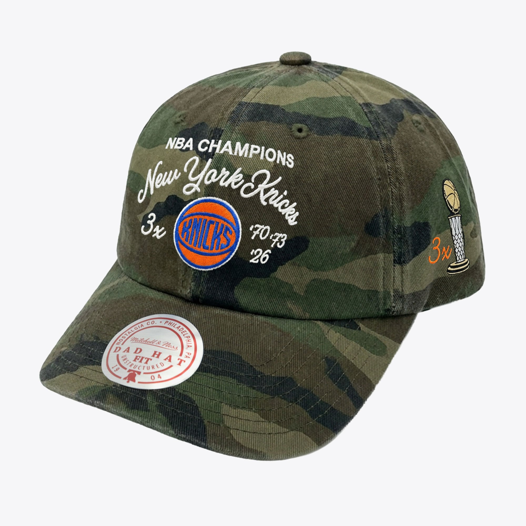 New York Knicks Camo Three-Time NBA Finals Champions Script Adjustable Dad Hat
