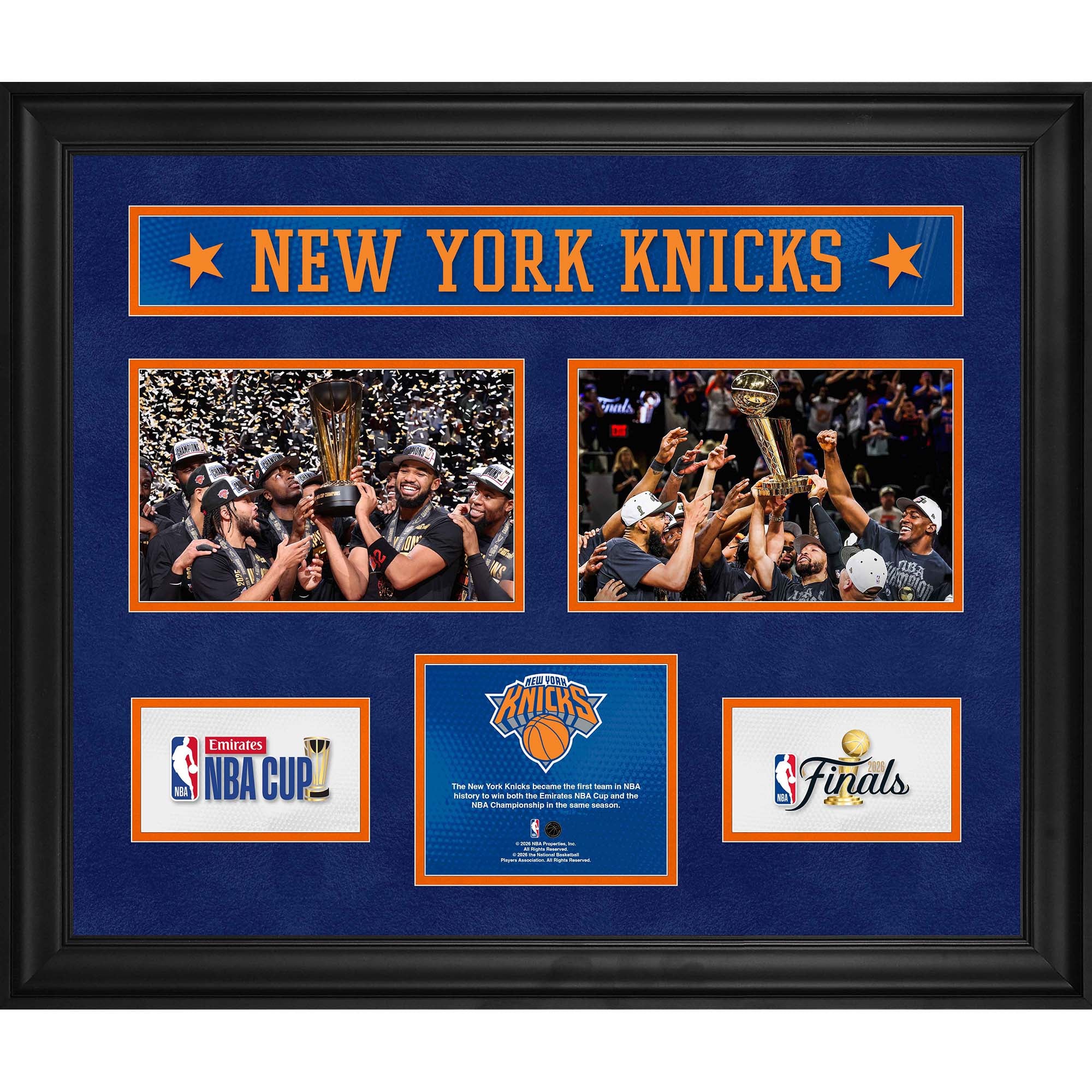 Collage encadré des New York Knicks (51 x 61 cm) : Champions de la Coupe NBA 2025 et des Finales NBA 2026
