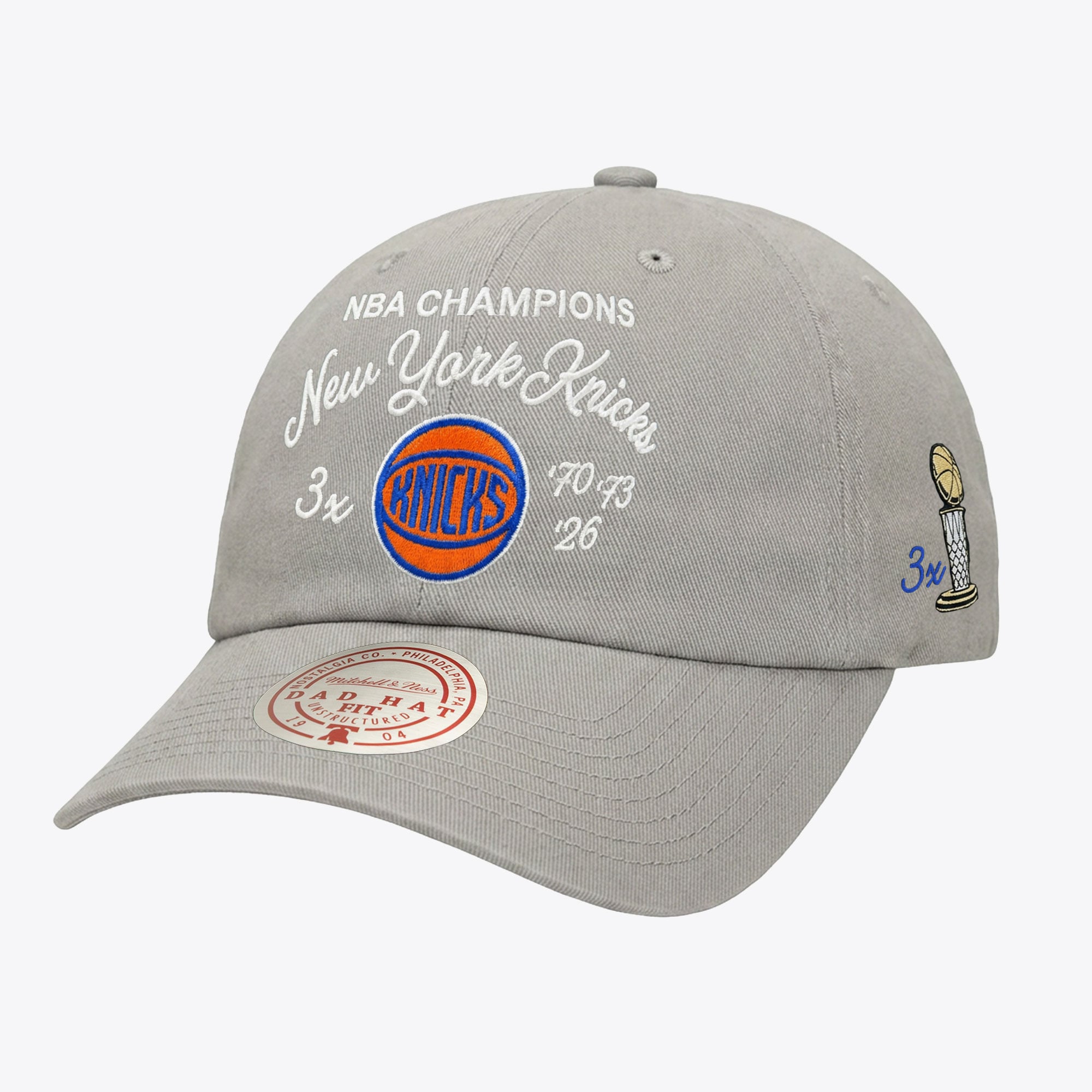 New York Knicks Gray Three-Time NBA Finals Champions Script Adjustable Dad Hat