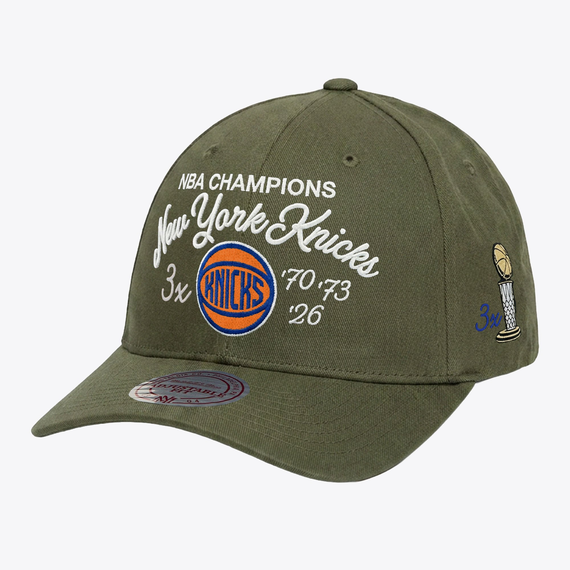 New York Knicks Olive Three-Time NBA Finals Champions Script Low Pro Snapback Hat