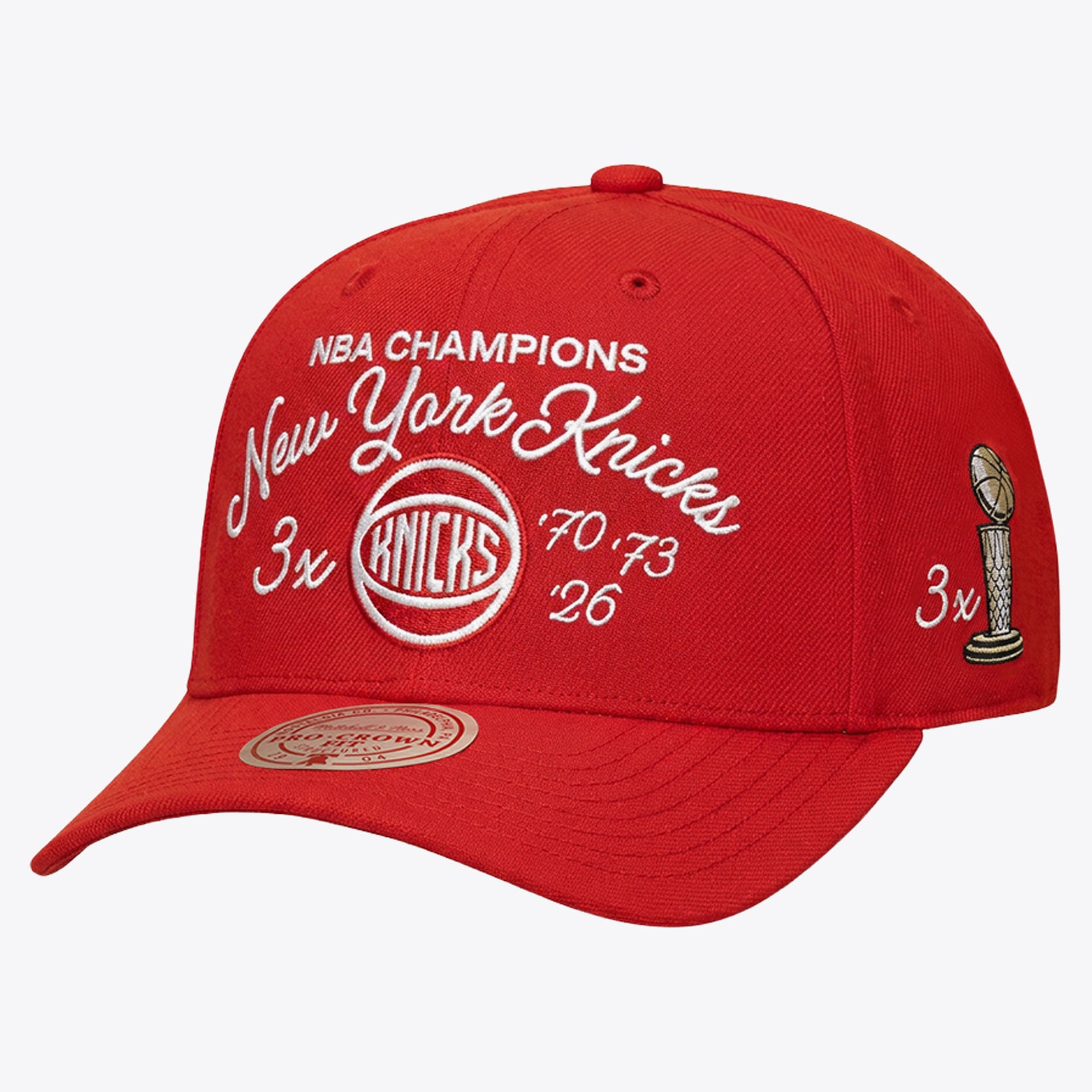 New York Knicks Red Three-Time NBA Finals Champions Script Low Pro Snapback Hat