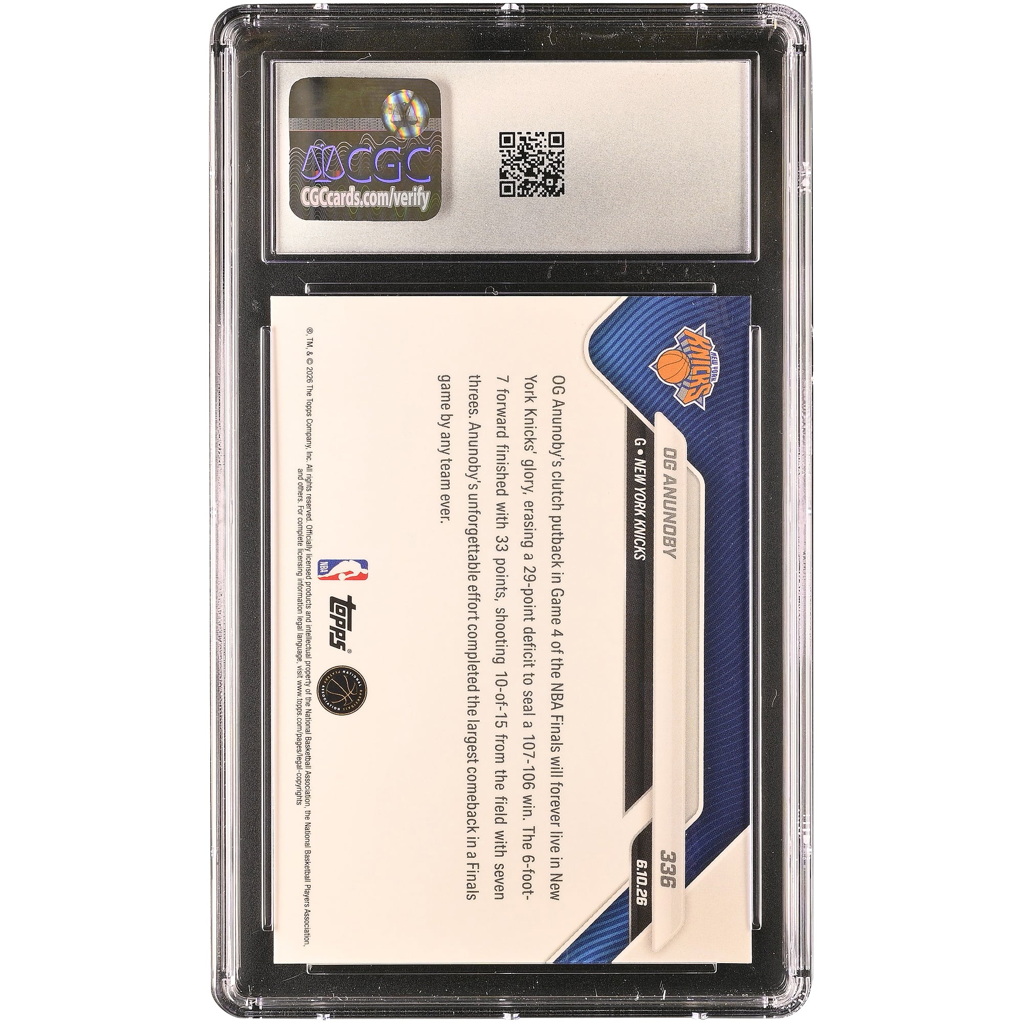 Carte Topps Now 2025-26 d'OG Anunoby (New York Knicks) : le panier décisif qui scelle la plus grande remontée de l'histoire des finales NBA (n° 336), authentifiée CGC, état neuf (GEM MINT 10).
