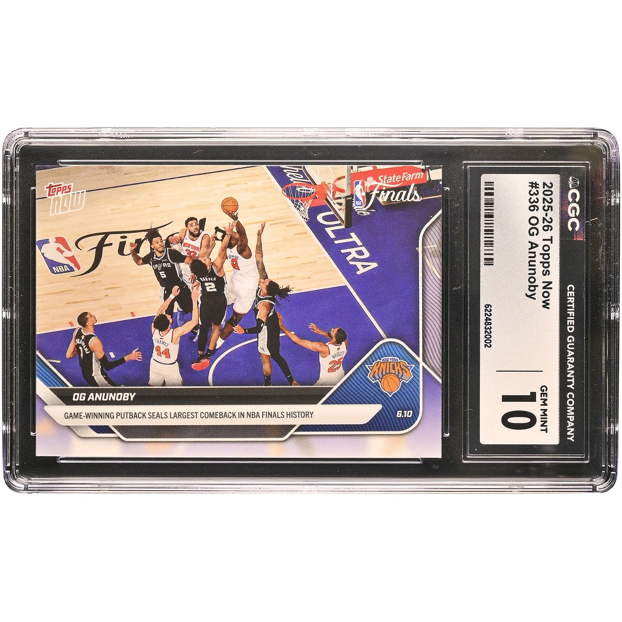 Carte Topps Now 2025-26 d'OG Anunoby (New York Knicks) : le panier décisif qui scelle la plus grande remontée de l'histoire des finales NBA (n° 336), authentifiée CGC, état neuf (GEM MINT 10).