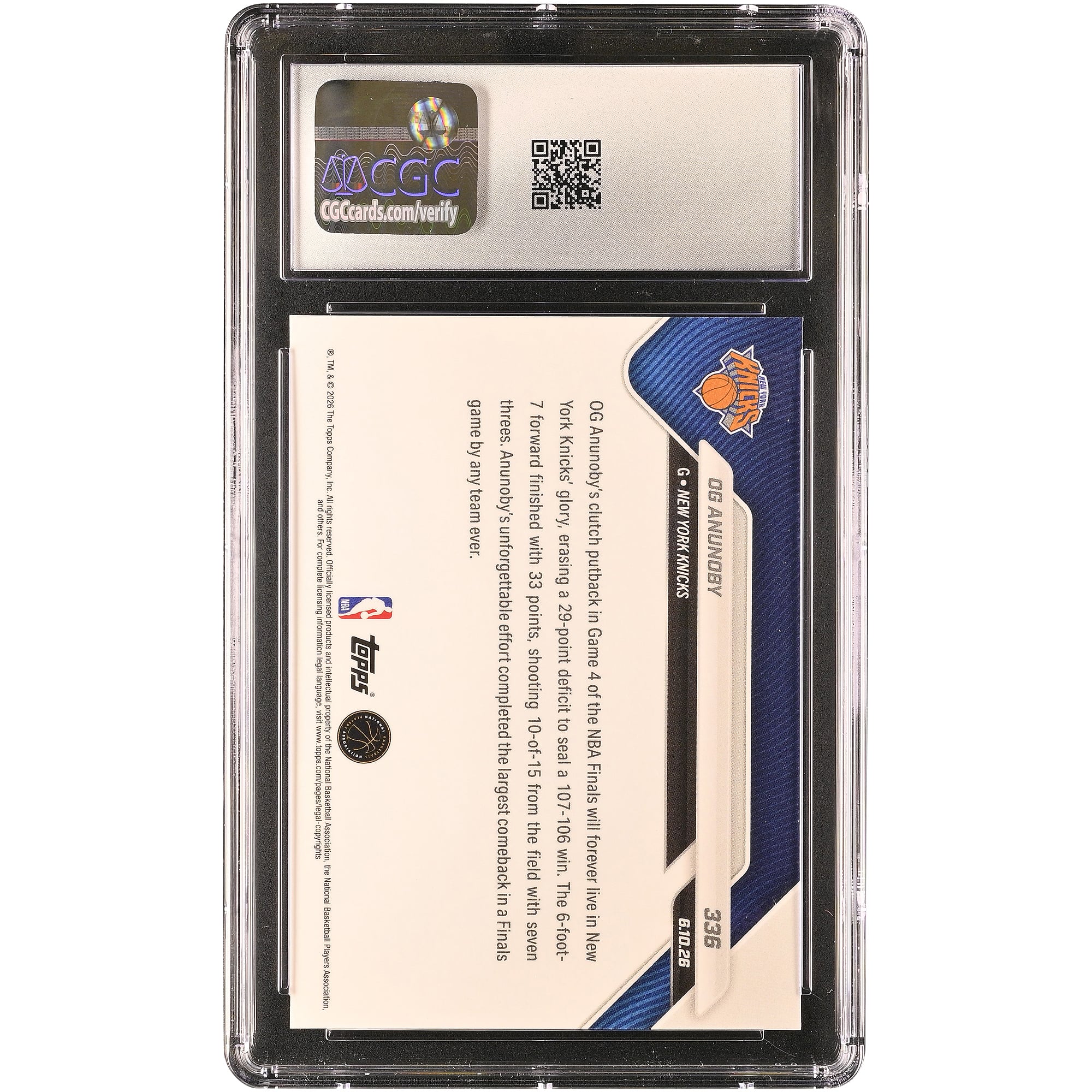 Carte Topps Now 2025-26 d'OG Anunoby (New York Knicks) : le panier décisif qui scelle la plus grande remontée de l'histoire des finales NBA (n° 336), authentifiée CGC MINT+ 9.5