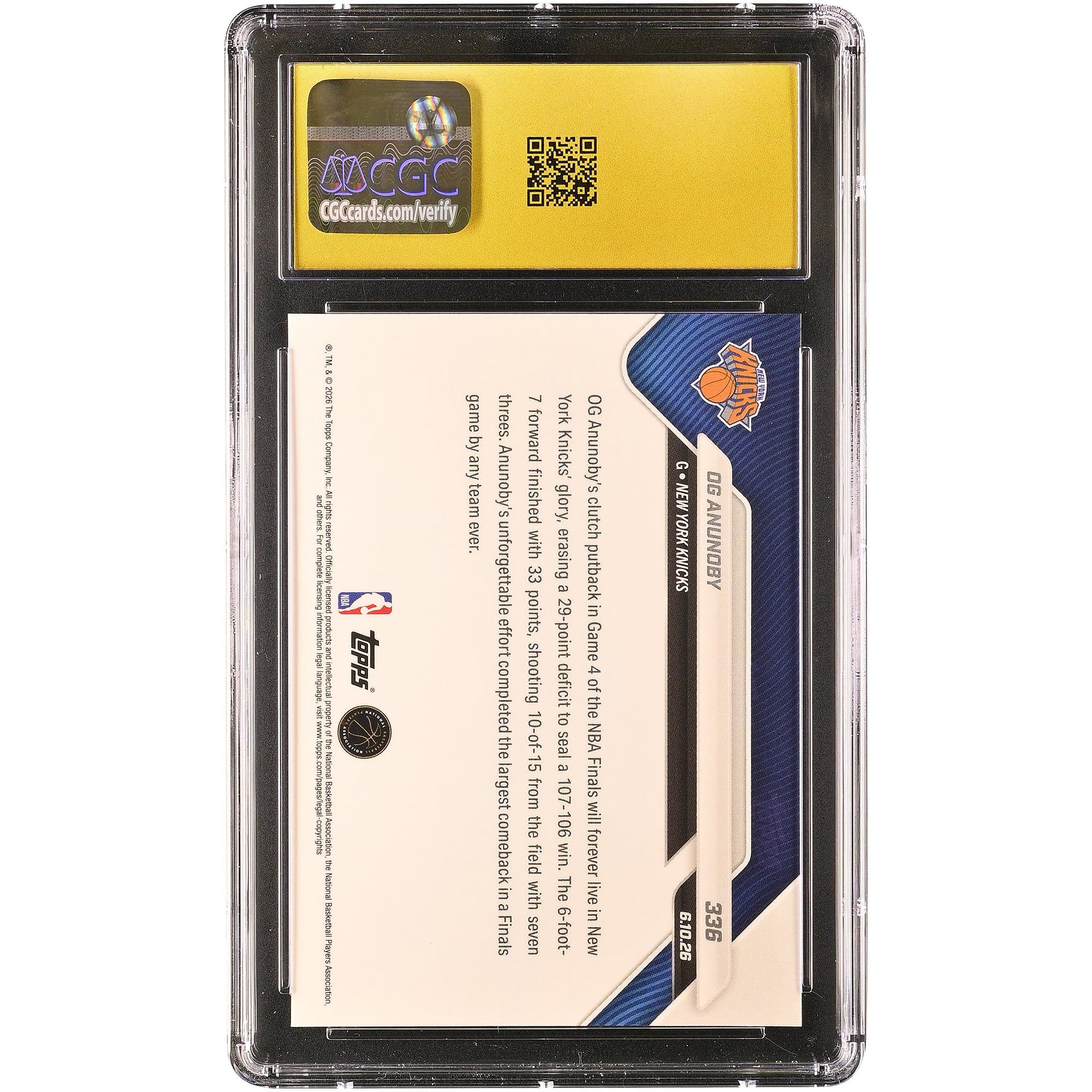 Carte Topps Now 2025-26 d'OG Anunoby (New York Knicks) : le panier décisif qui scelle le plus grand retournement de situation de l'histoire des finales NBA. N° 336. Authentifiée CGC, état PRISTINE 10.