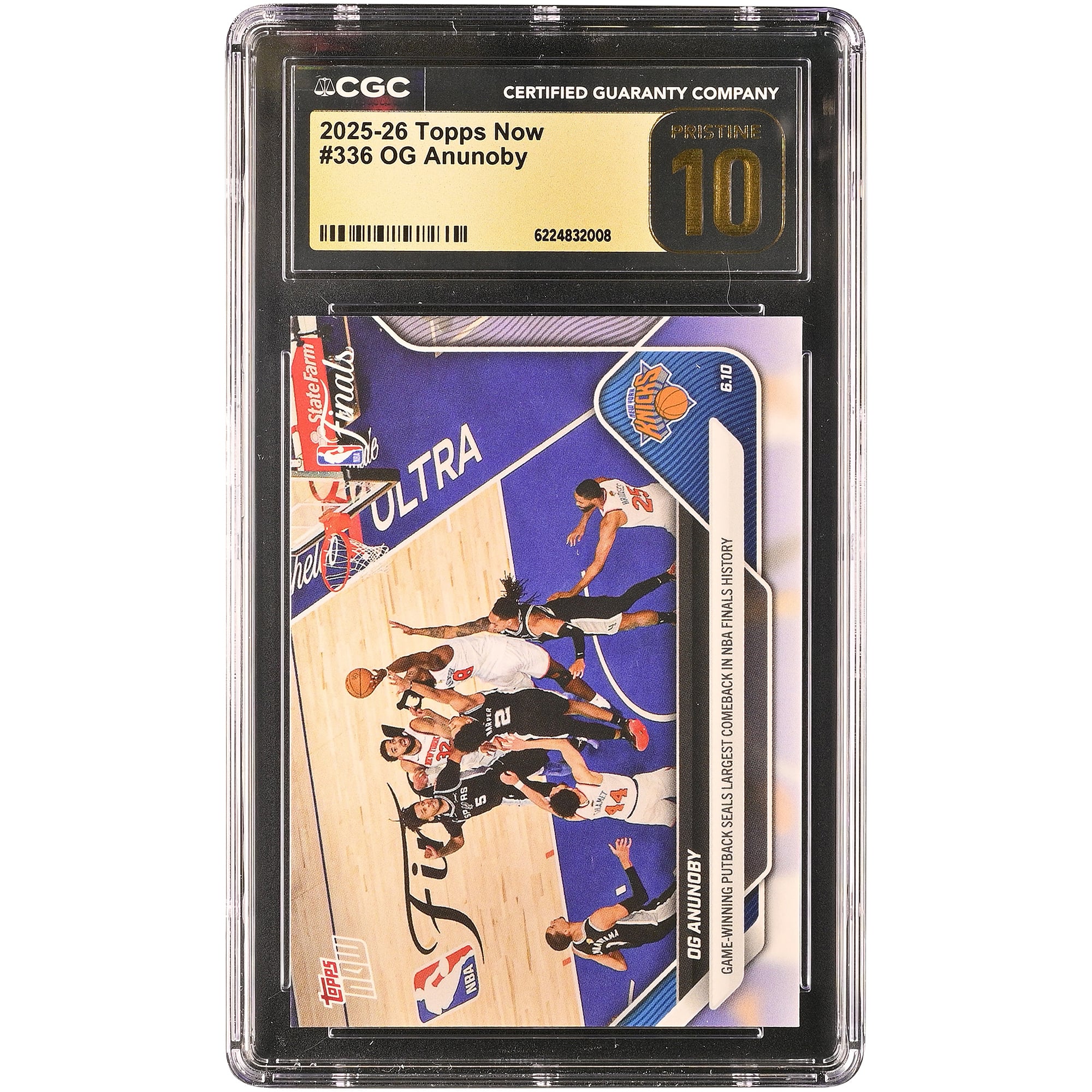 Carte Topps Now 2025-26 d'OG Anunoby (New York Knicks) : le panier décisif qui scelle le plus grand retournement de situation de l'histoire des finales NBA. N° 336. Authentifiée CGC, état PRISTINE 10.