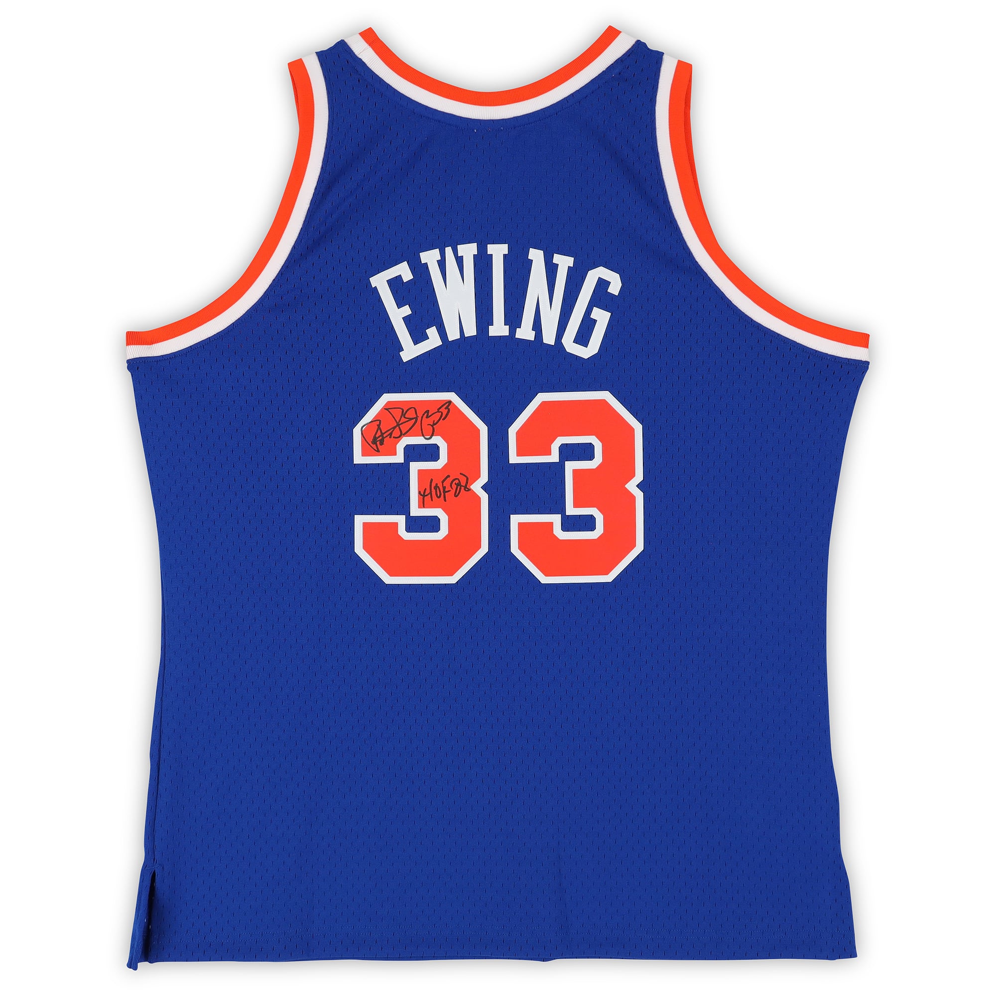 Maillot Swingman bleu Mitchell & Ness 1991 autographié par Patrick Ewing (New York Knicks) avec inscription « HOF 08 ».