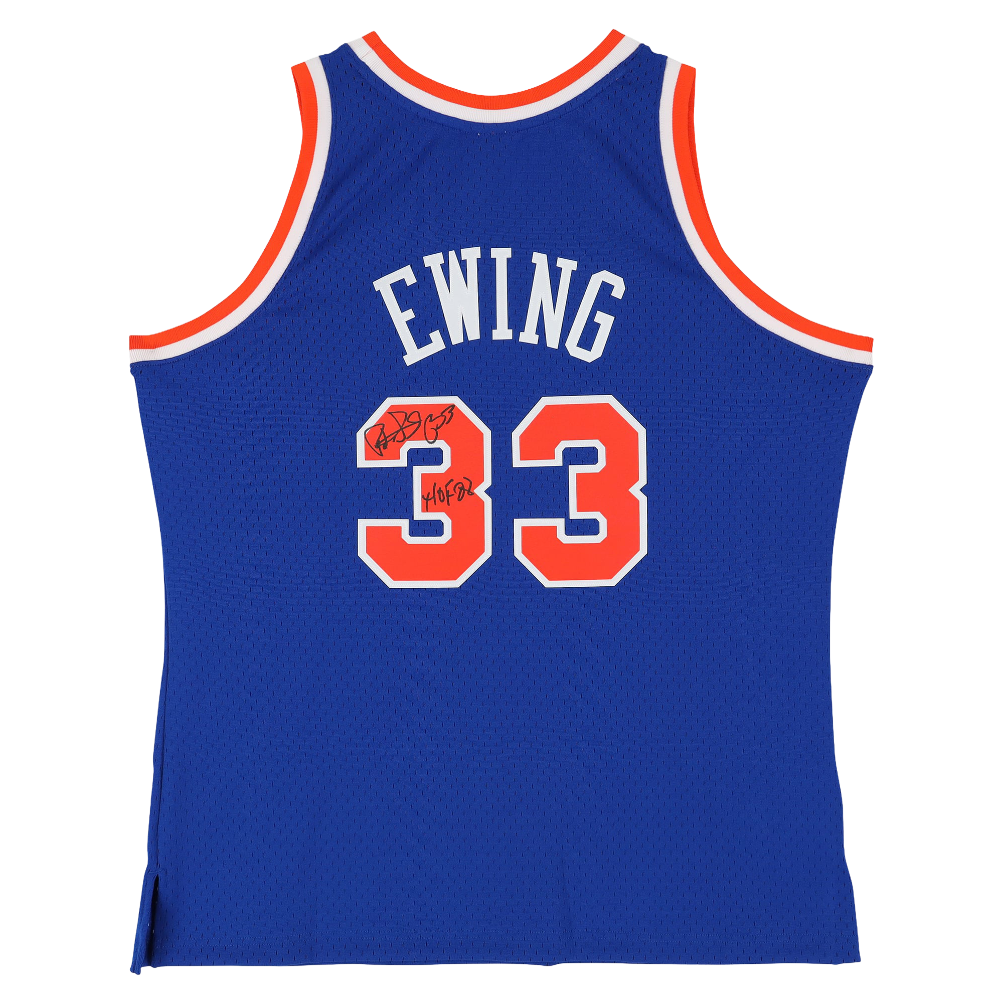 Maillot Swingman bleu Mitchell & Ness 1991 autographié par Patrick Ewing (New York Knicks) avec inscription « HOF 08 ».