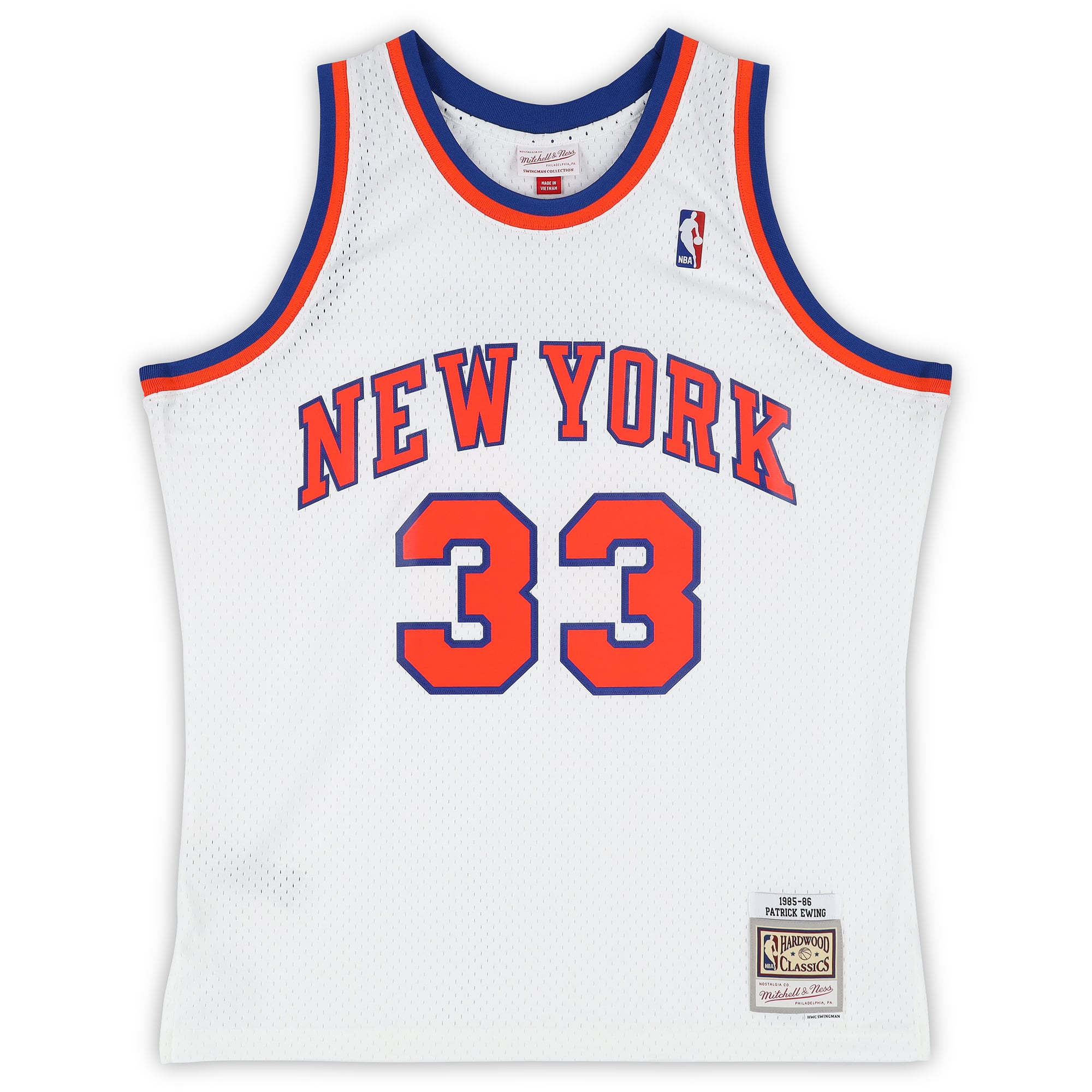 Maillot Swingman blanc Mitchell & Ness 1985 autographié par Patrick Ewing, des New York Knicks