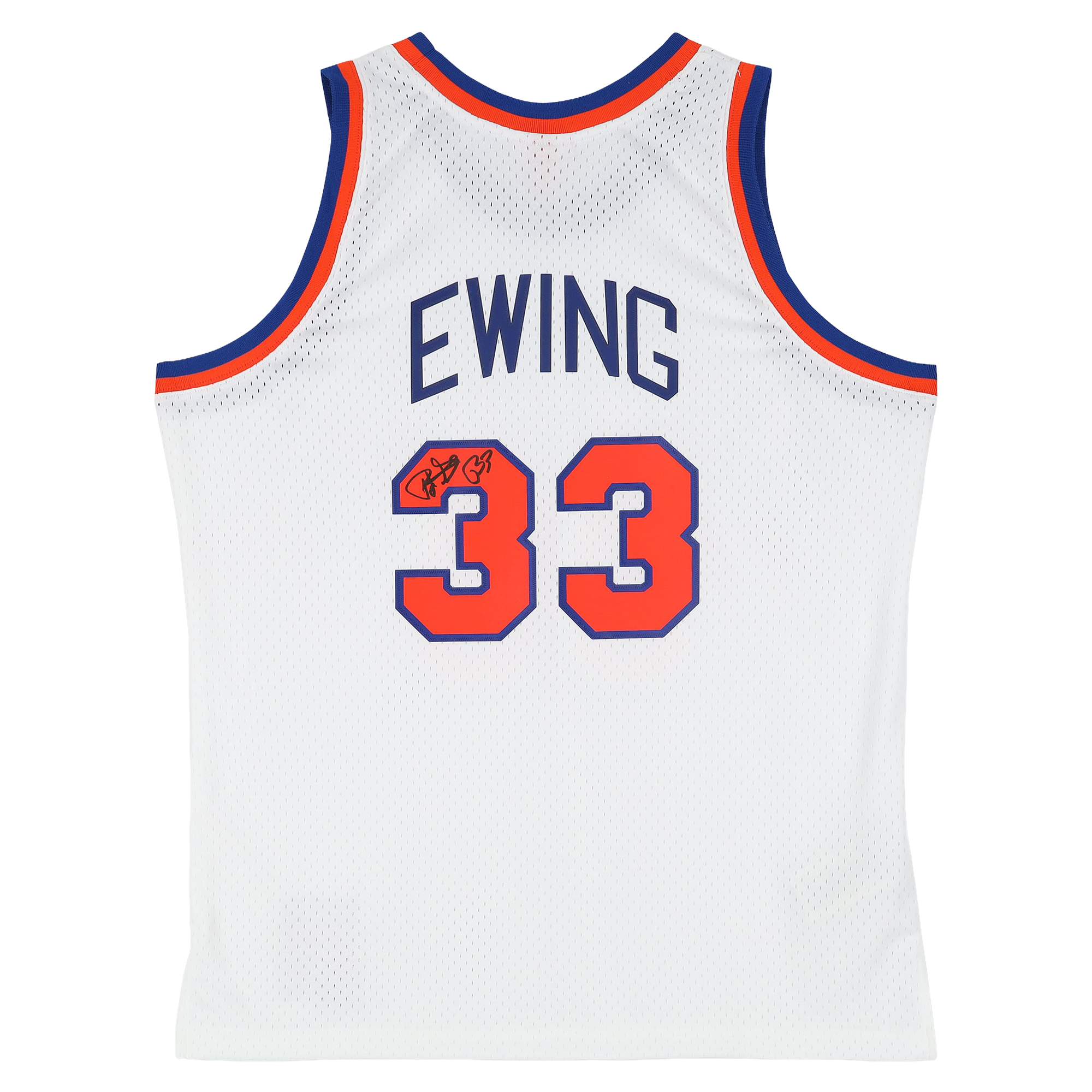 Maillot Swingman blanc Mitchell & Ness 1985 autographié par Patrick Ewing, des New York Knicks
