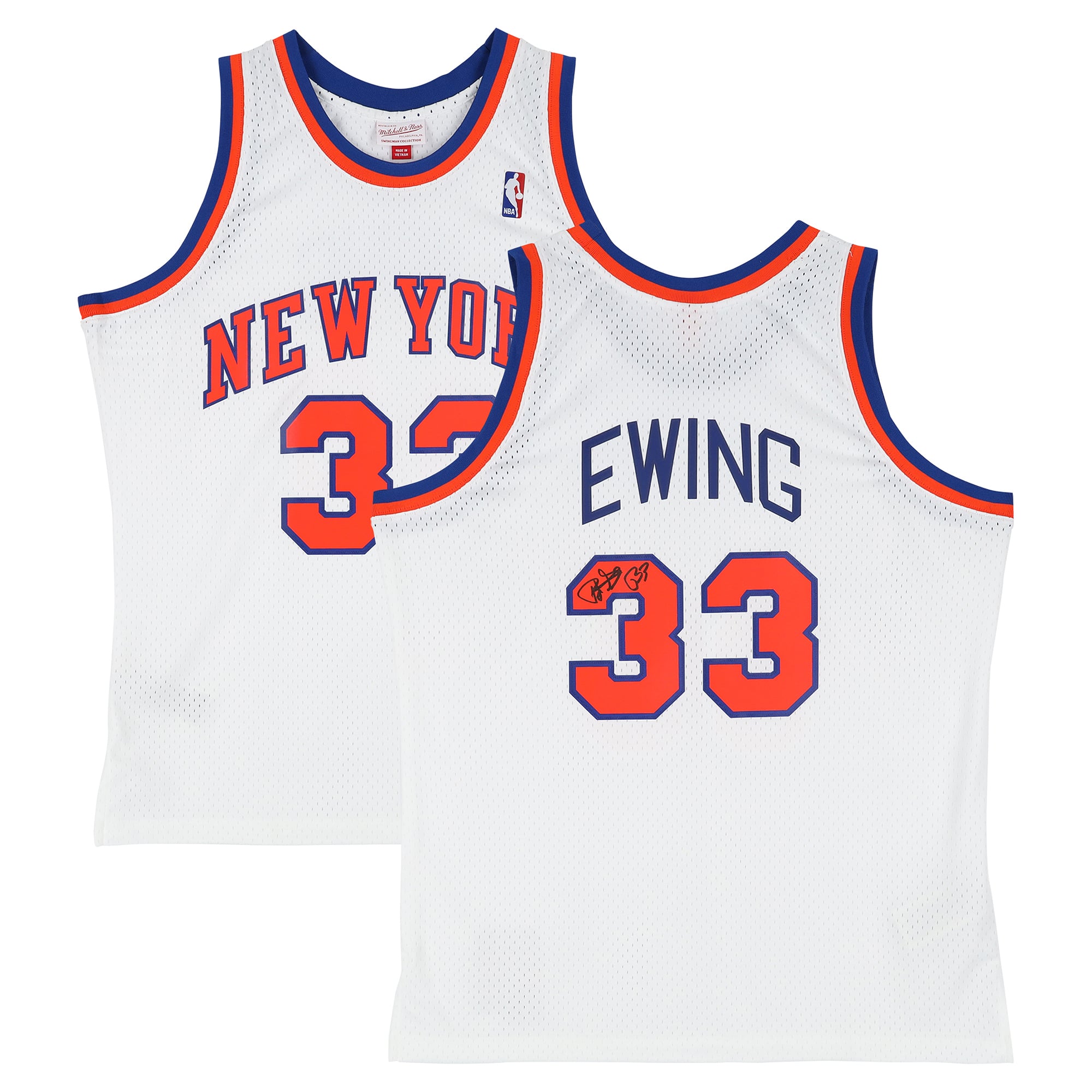 Maillot Swingman blanc Mitchell & Ness 1985 autographié par Patrick Ewing, des New York Knicks
