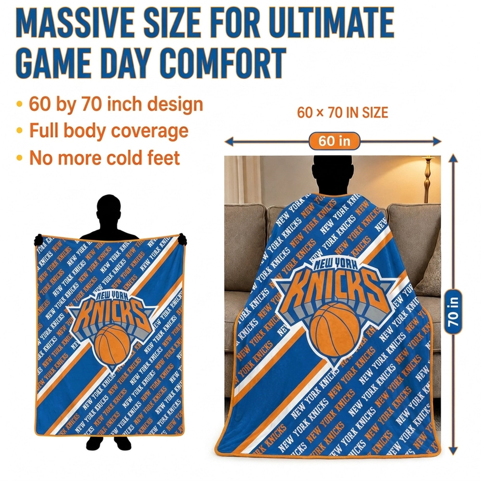 Couverture ultra douce Pegasus New York Knicks, 152 x 178 cm (60 x 70 pouces), doublée et ornée du logo.