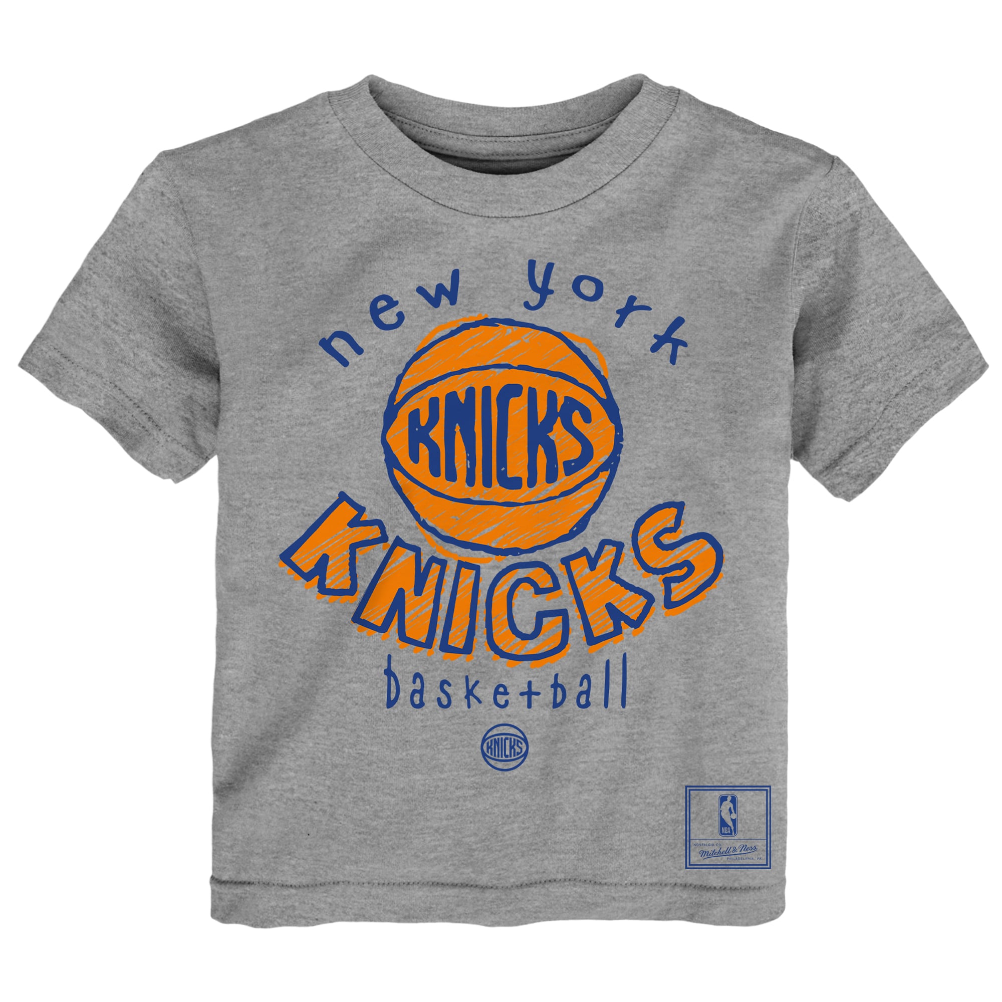 Ensemble de deux t-shirts Mitchell & Ness pour tout-petits, bleu/gris chiné, New York Knicks, avec croquis.
