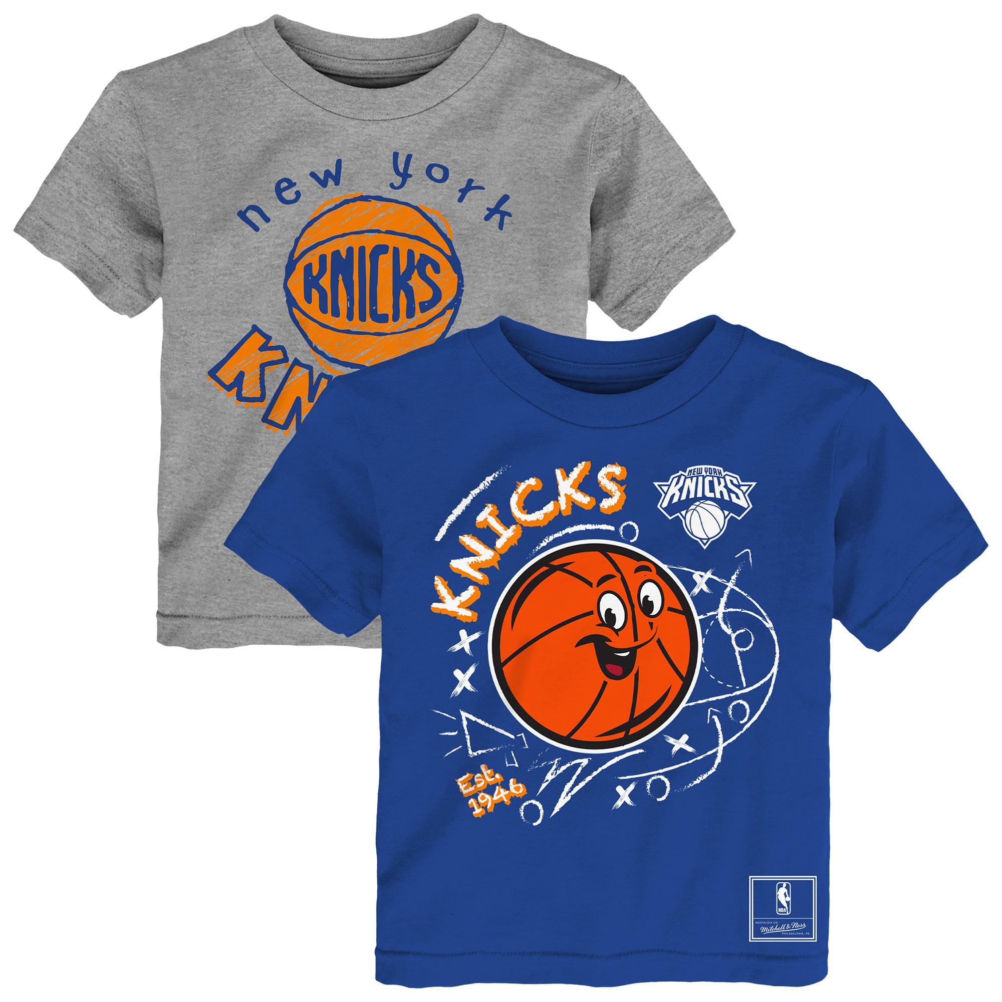 Ensemble de deux t-shirts Mitchell & Ness pour tout-petits, bleu/gris chiné, New York Knicks, avec croquis.