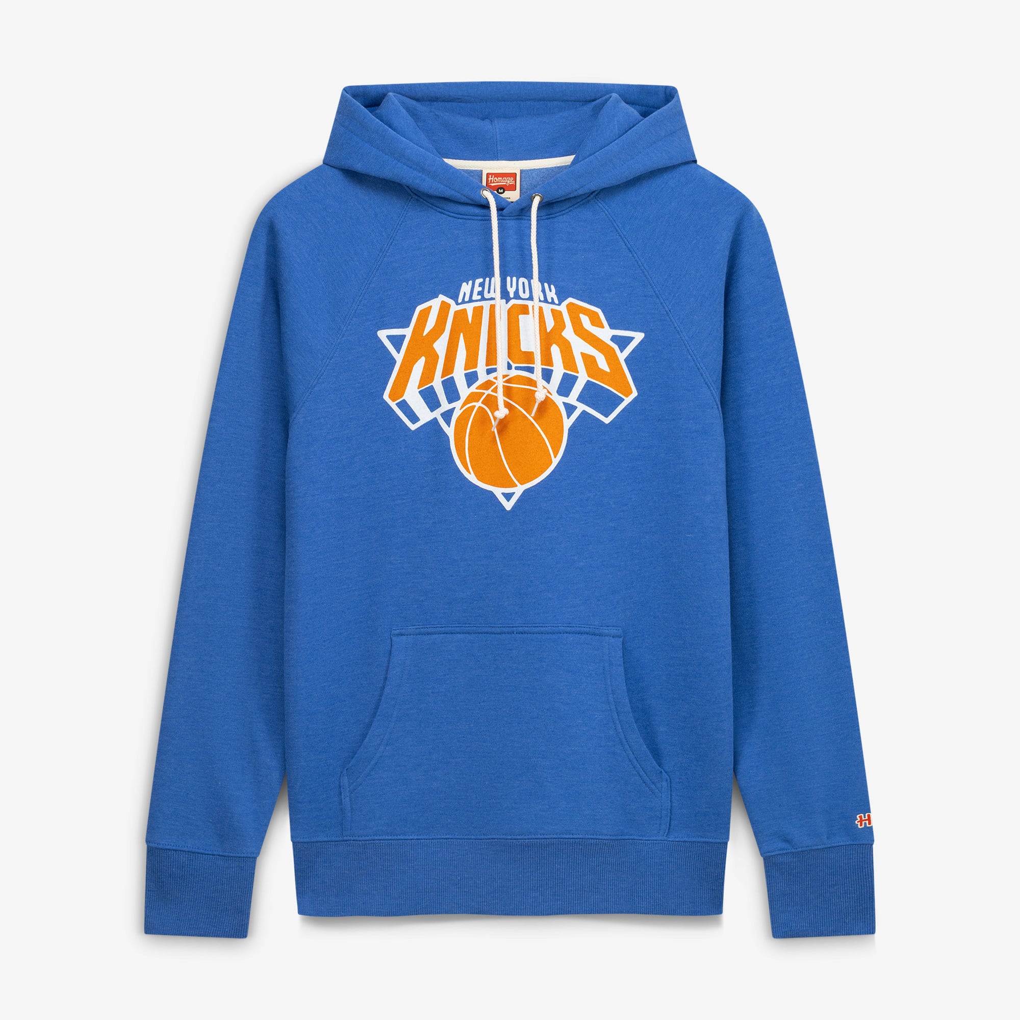 Sweat à capuche raglan unisexe bleu hommage aux New York Knicks, en mélange de trois matières.