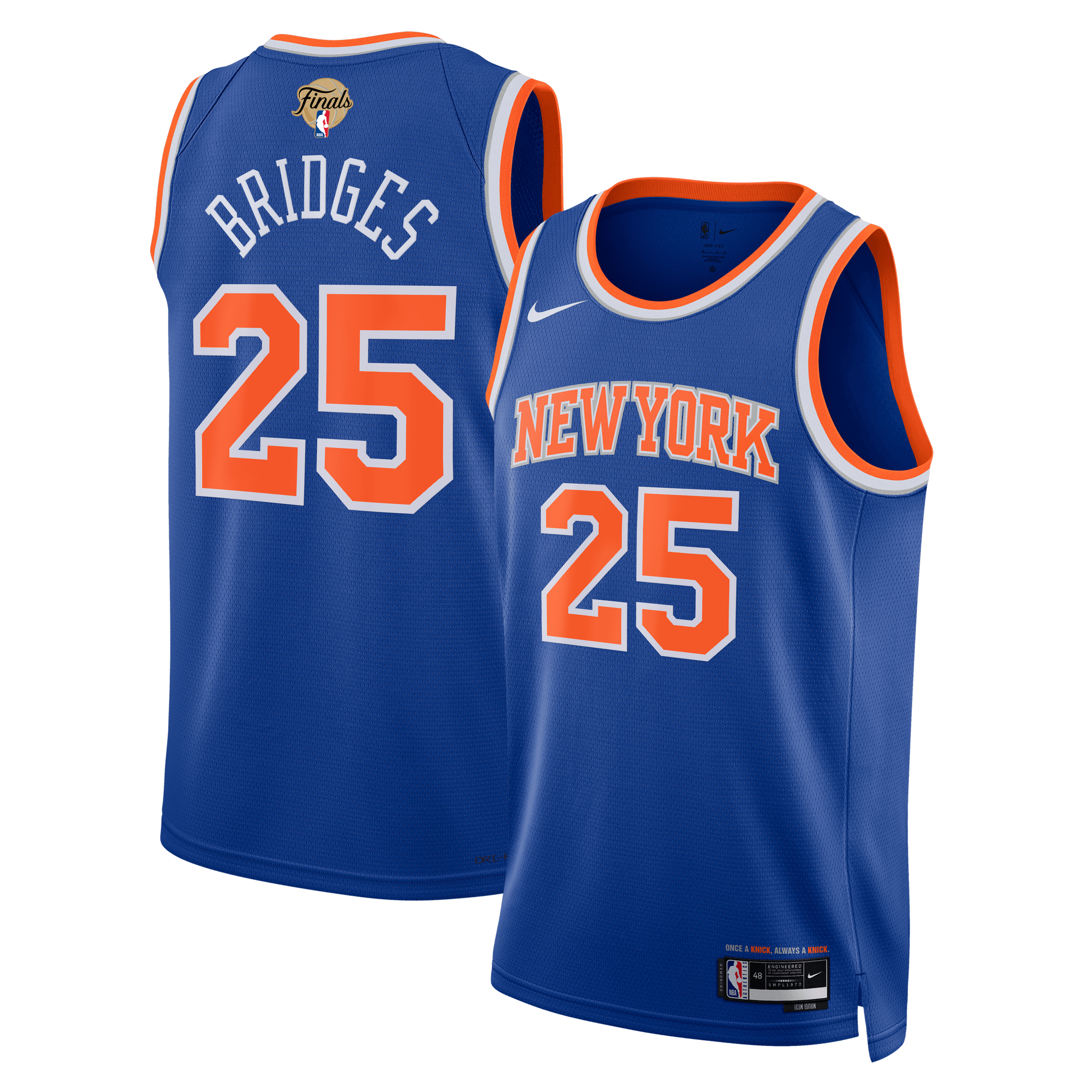 Maillot Swingman unisexe Nike Mikal Bridges bleu New York Knicks, édition Icon, avec patch des finales NBA 2026