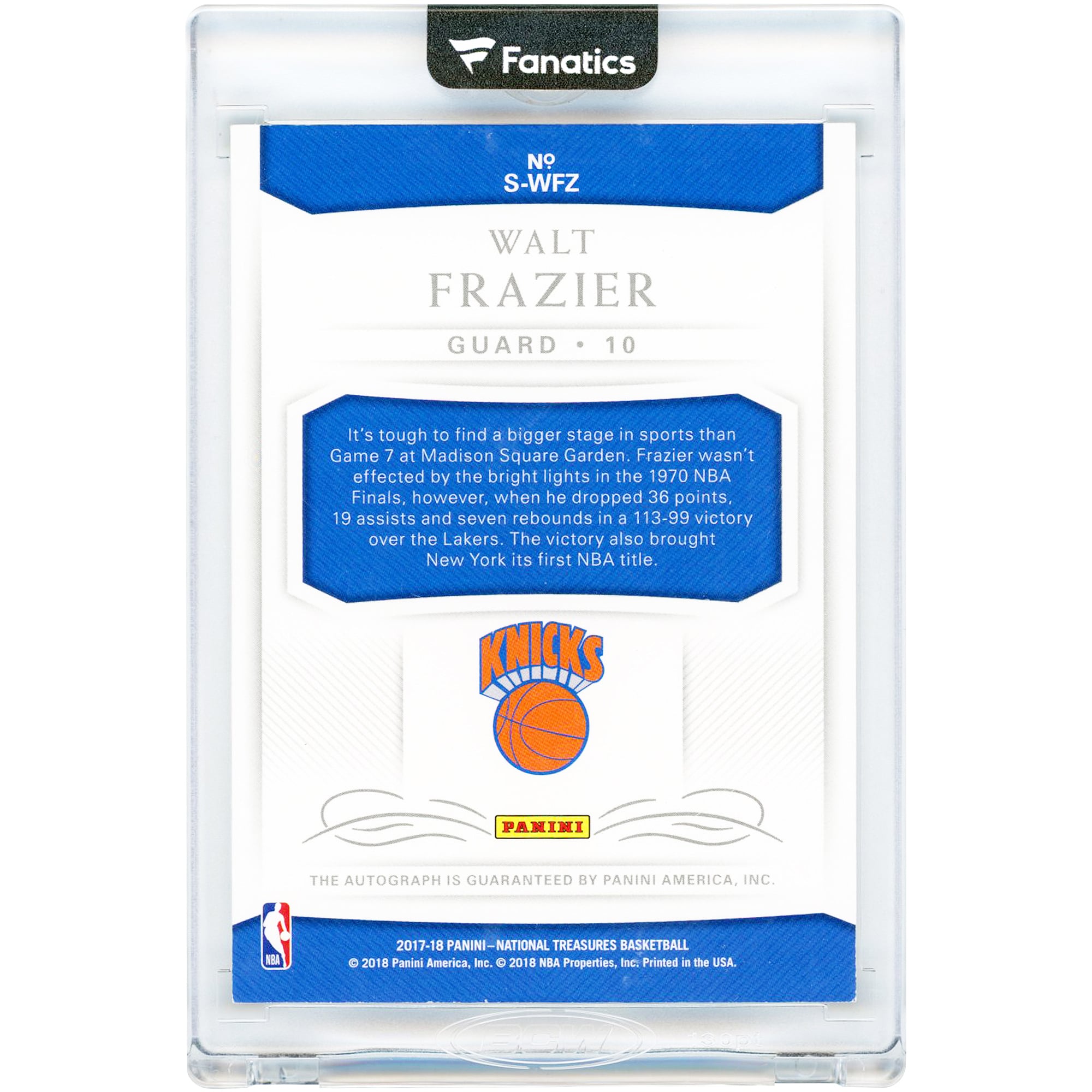 Carte autographiée de Walt Frazier (New York Knicks) 2017-18 Panini National Treasures Signatures #S-WFZ #47/99